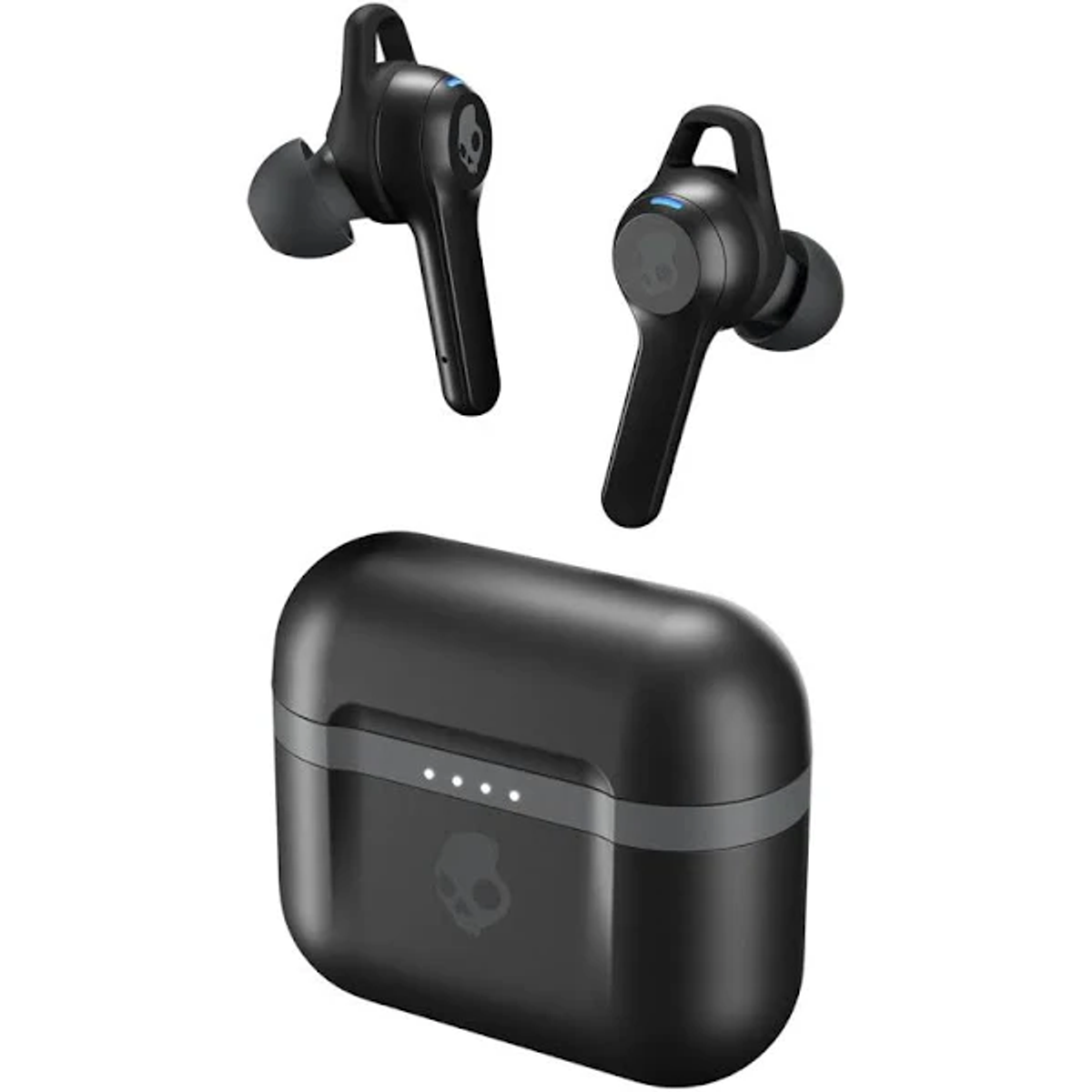 Schwarze kabellose Skullcandy-Ohrhörer und Ladeetui. Ohrhörer sind schwarz mit einem Totenkopf-Logo. Das Etui hat 4 weiße Lichter.