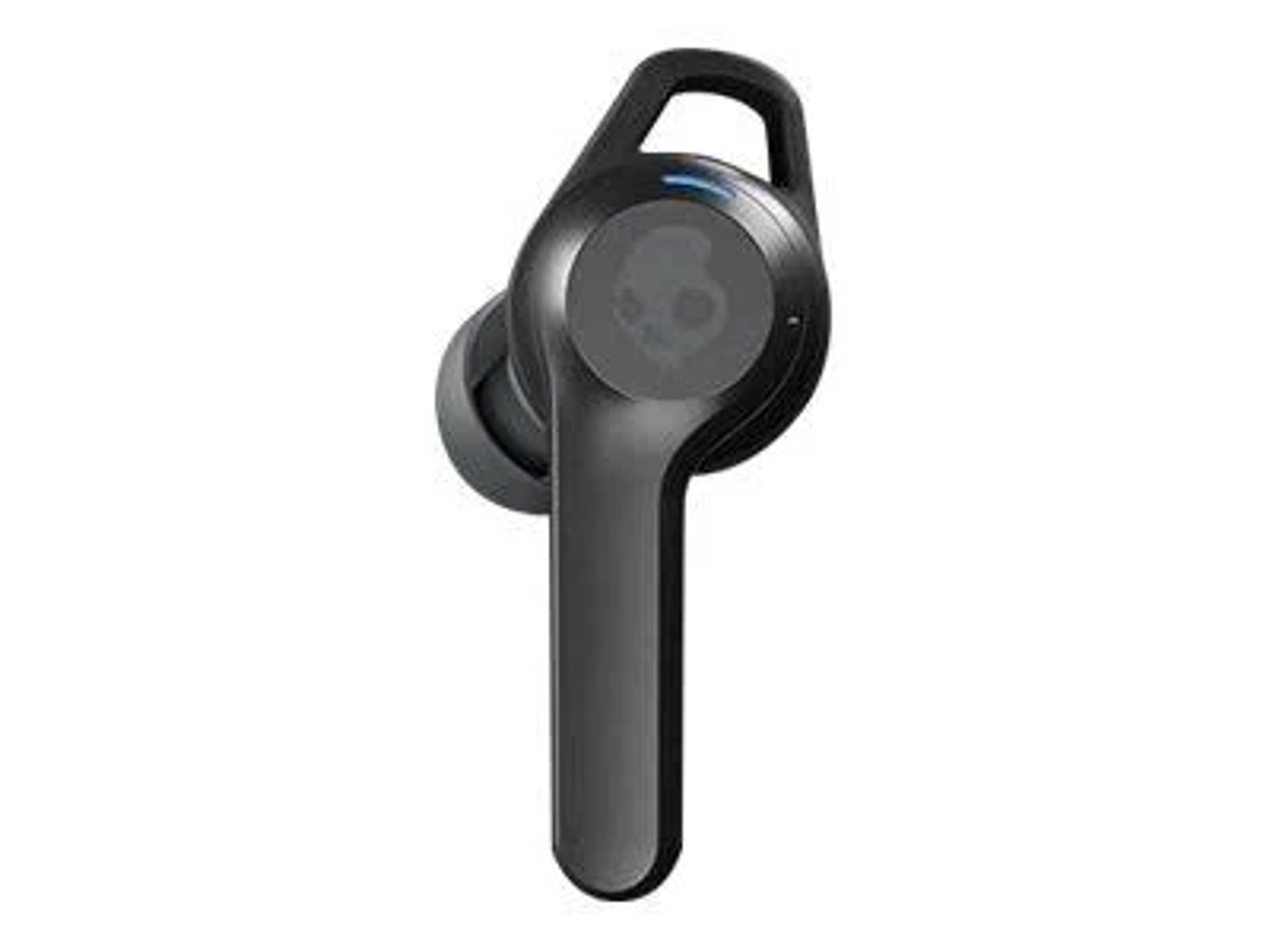 Schwarzer Skullcandy-Ohrhörer, Einzelansicht, isoliert auf weißem Hintergrund.