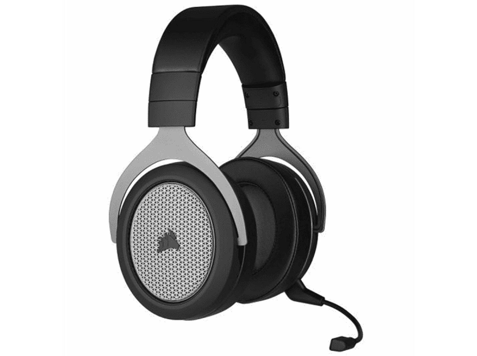 Auriculares gaming negros. Los auriculares tienen detalles grises y un micrófono.