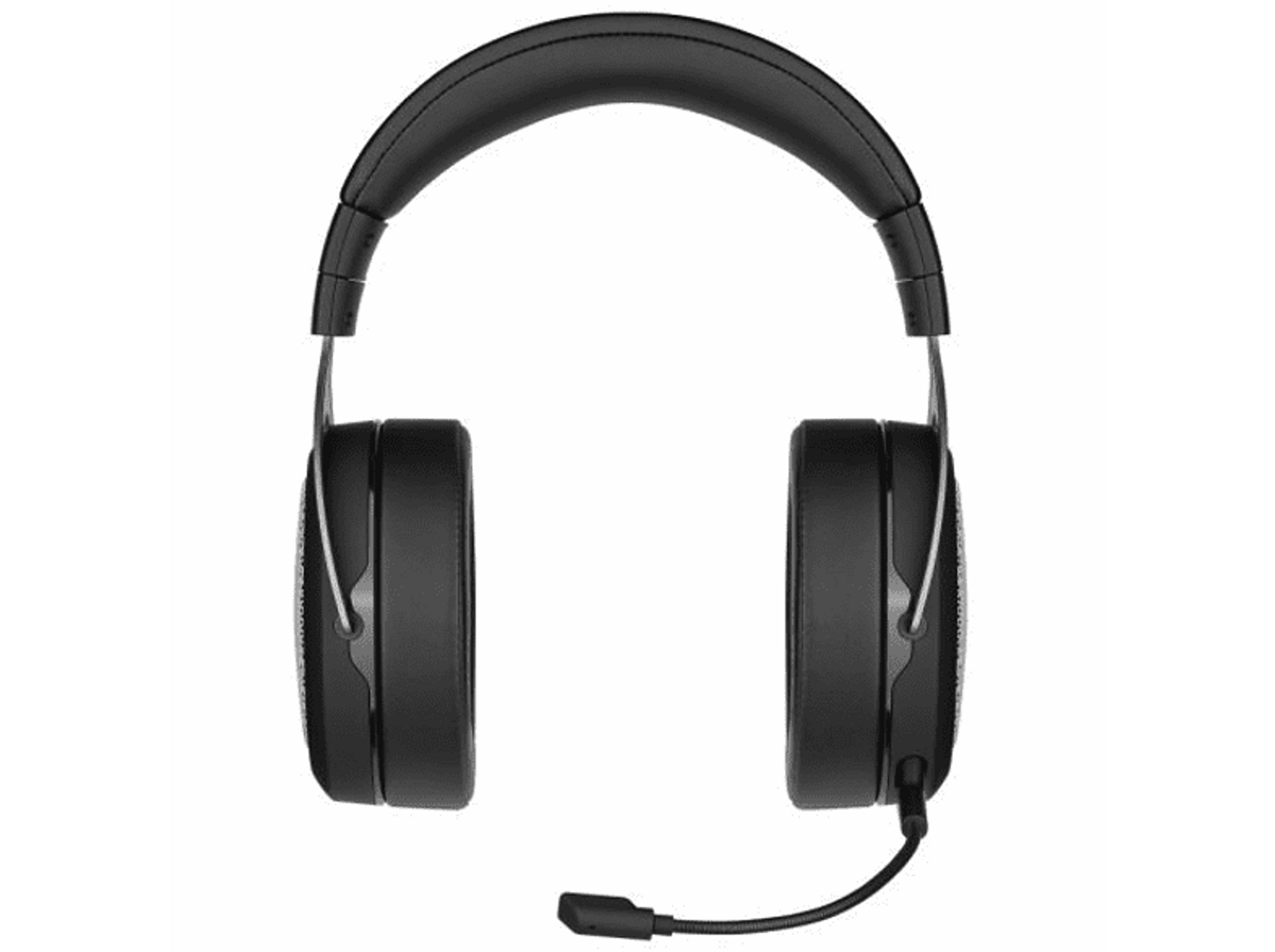 Auriculares negros con micrófono y cable. Los auriculares están sobre un fondo oscuro.