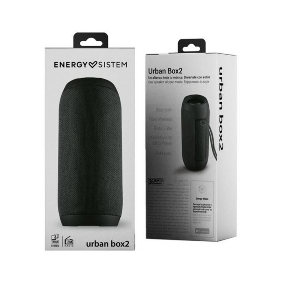 Dos altavoces negros en cajas. La caja derecha muestra un altavoz y texto. La izquierda muestra un altavoz.