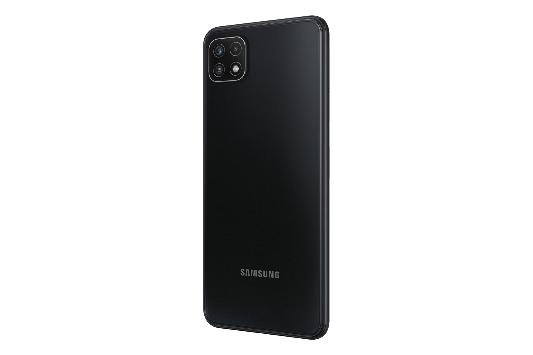 Ein schwarzes Samsung-Handy, Rückansicht, mit drei Kameras und dem Samsung-Logo.
