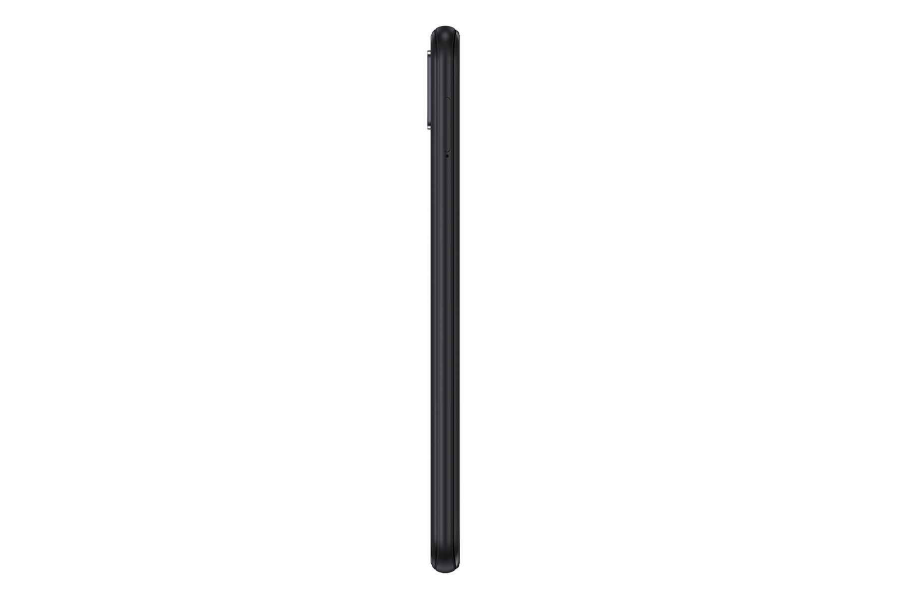 Ein schwarzes Smartphone, Seitenprofil. Der Bildschirm ist schwarz, die Ränder sind schwarz.