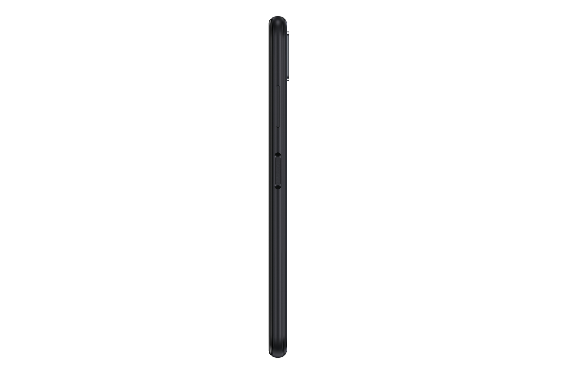 Seitenansicht eines schwarzen Smartphones. Knöpfe an der Seite. Einfarbige schwarze Farbe. Weißer Hintergrund.