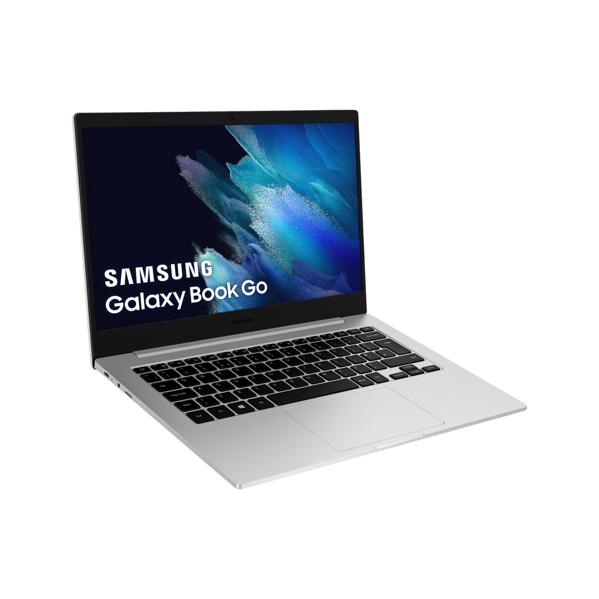 Ordenador portátil plateado con pantalla abierta que muestra un fondo azul y texto blanco.