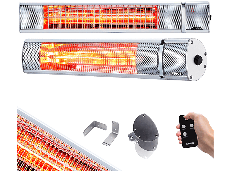 AREBOS 3 Heizstrahler Fernbedienung, Heizstufen Heizstrahler | mit Infrarot Gastro-Bar Silber Quarzstrahler