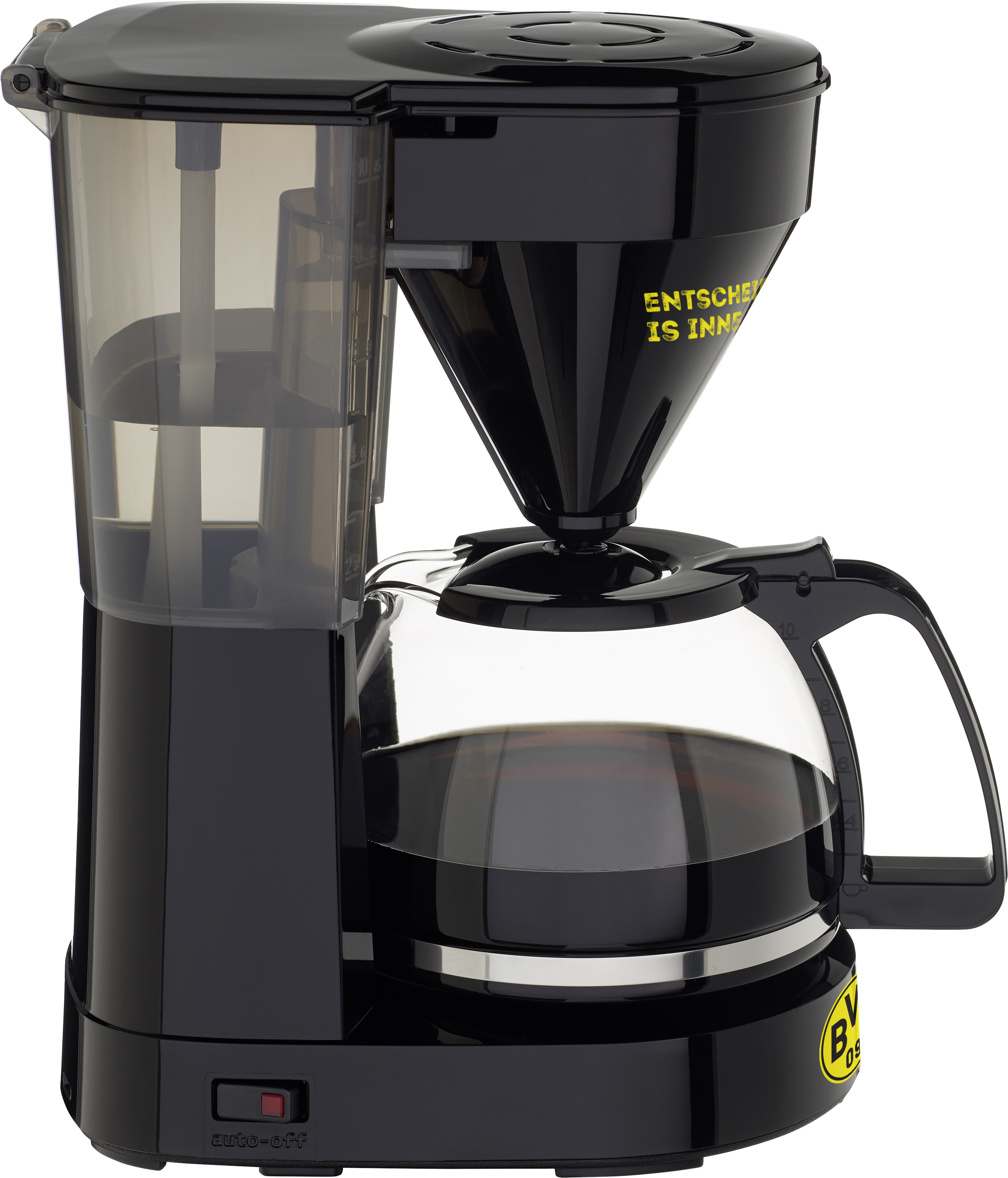 Schwarz-gelbe Kaffeemaschine mit Glaskaraffe und dem Text "ENTSCHEIDER IS INNEN".