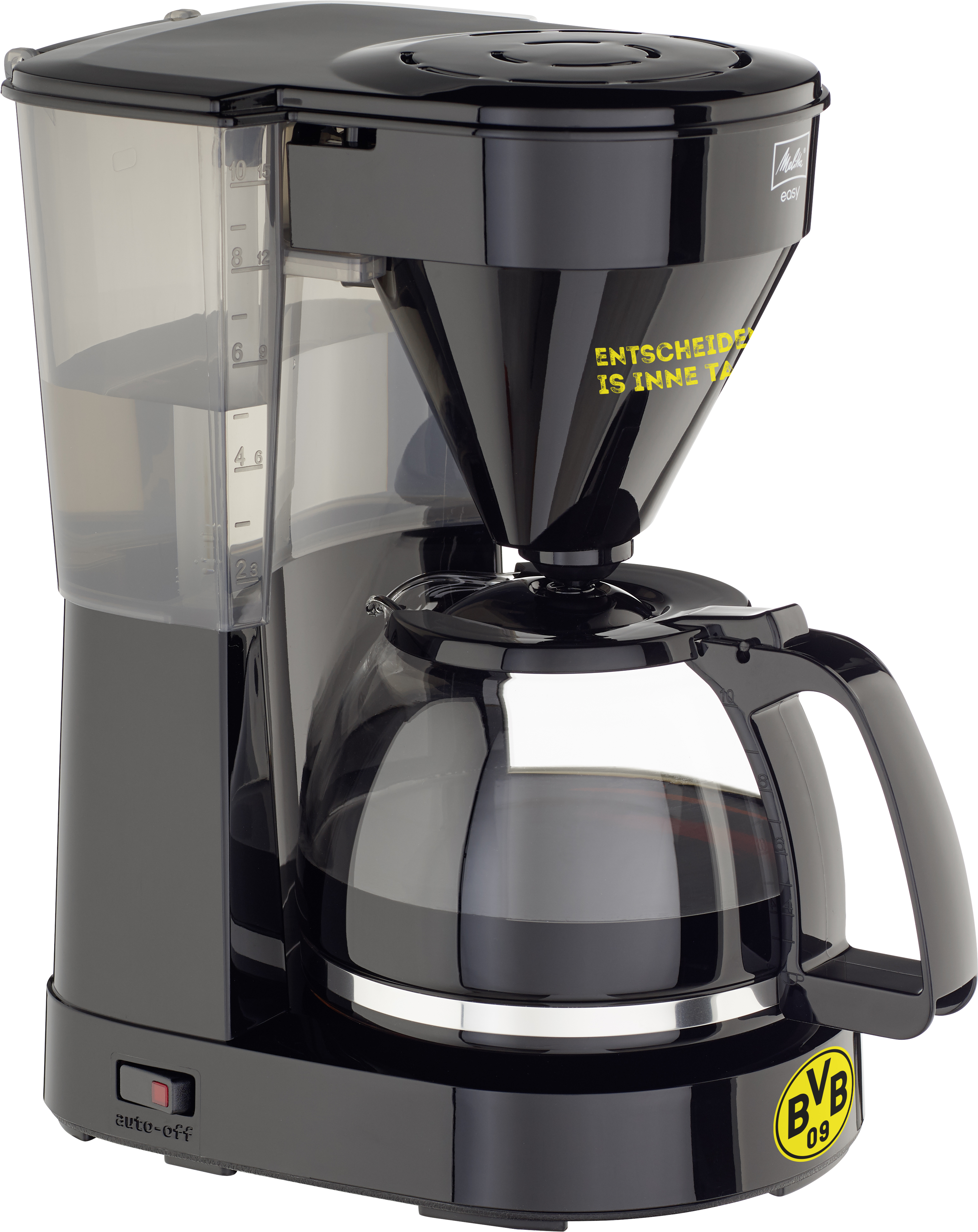 Schwarze Kaffeemaschine mit Glaskaraffe. Der Text darauf: 