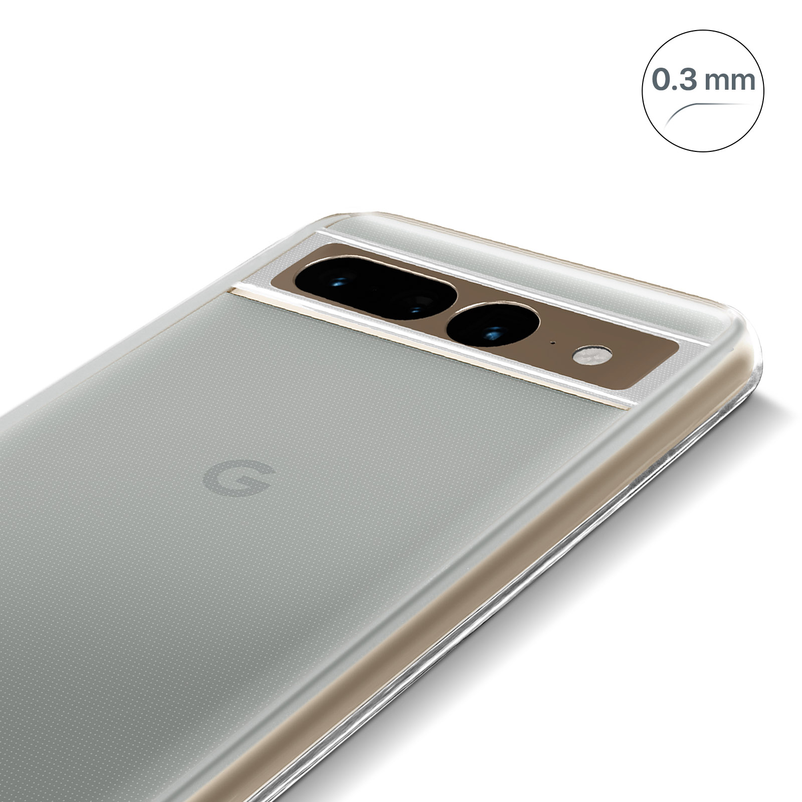 Smartphone con custodia trasparente, che mostra il retro del telefono con logo 'G' e testo.