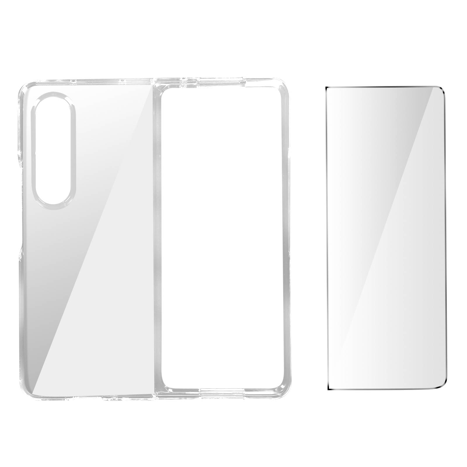 Transparante telefoonhoesonderdelen. Twee transparante stukken en een transparante schermbeschermer.