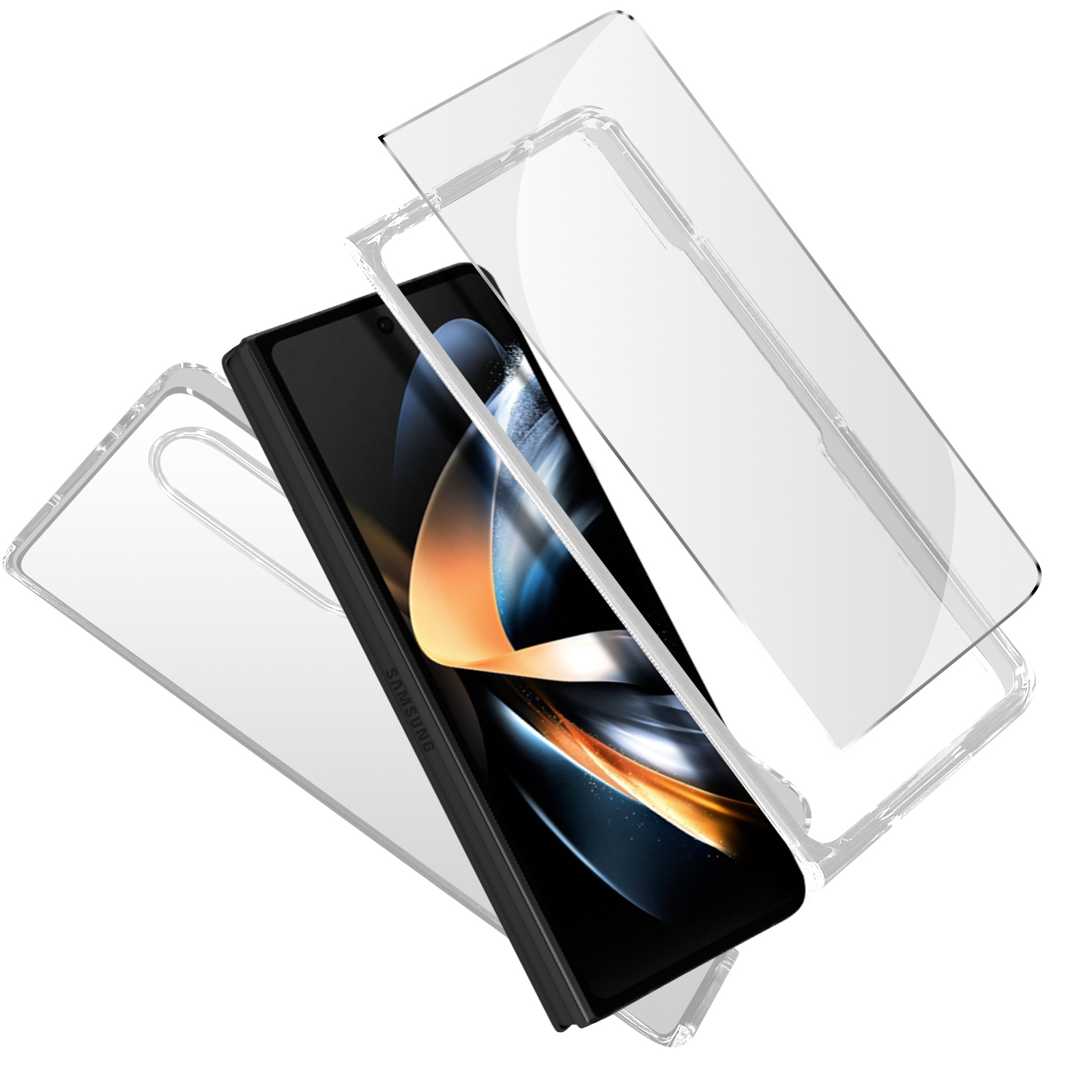 Een telefoon met een beschermhoesje en schermbeschermers, met het scherm zichtbaar.
