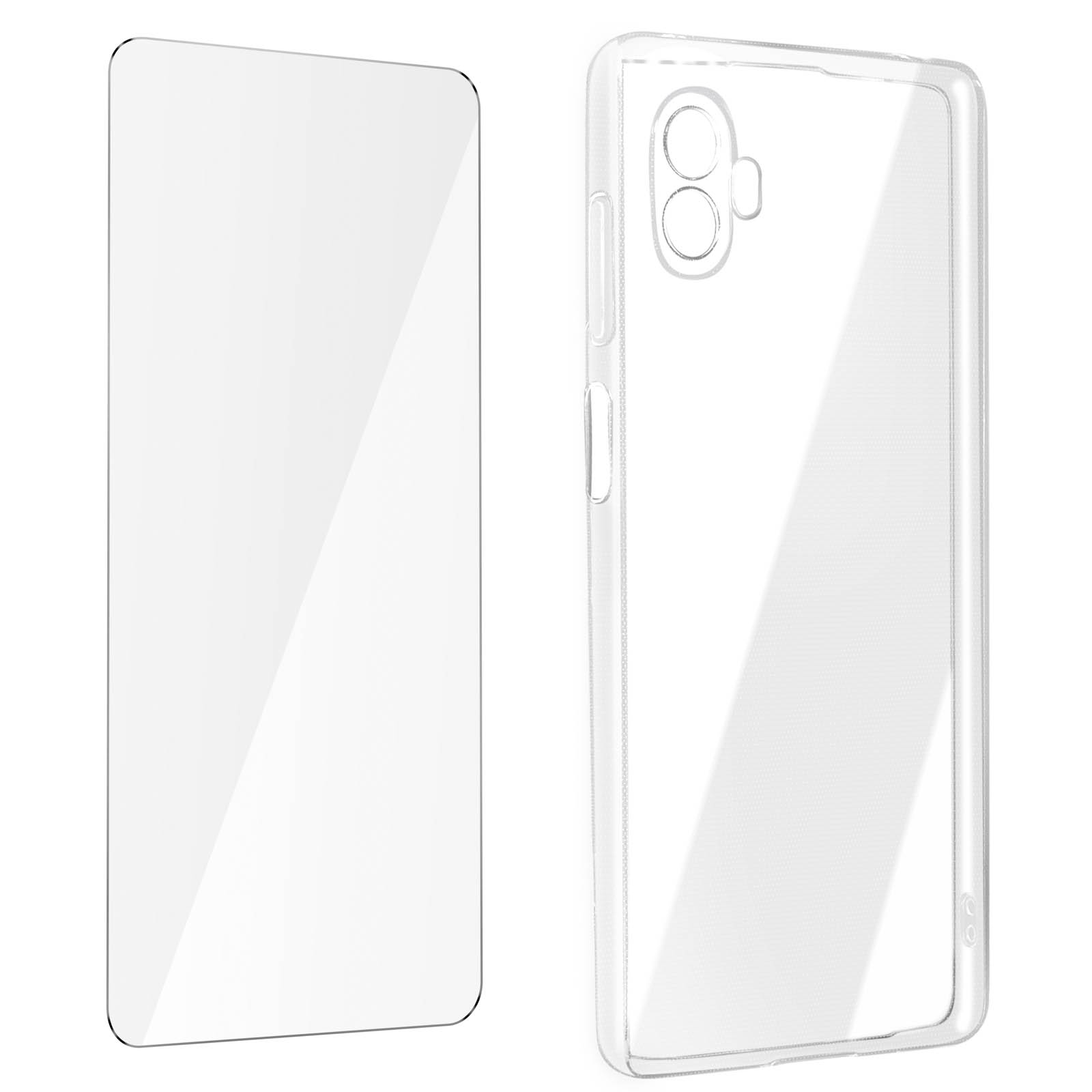 Twee transparante telefoonbeschermers, één schermbeschermer en één telefoonhoesje.