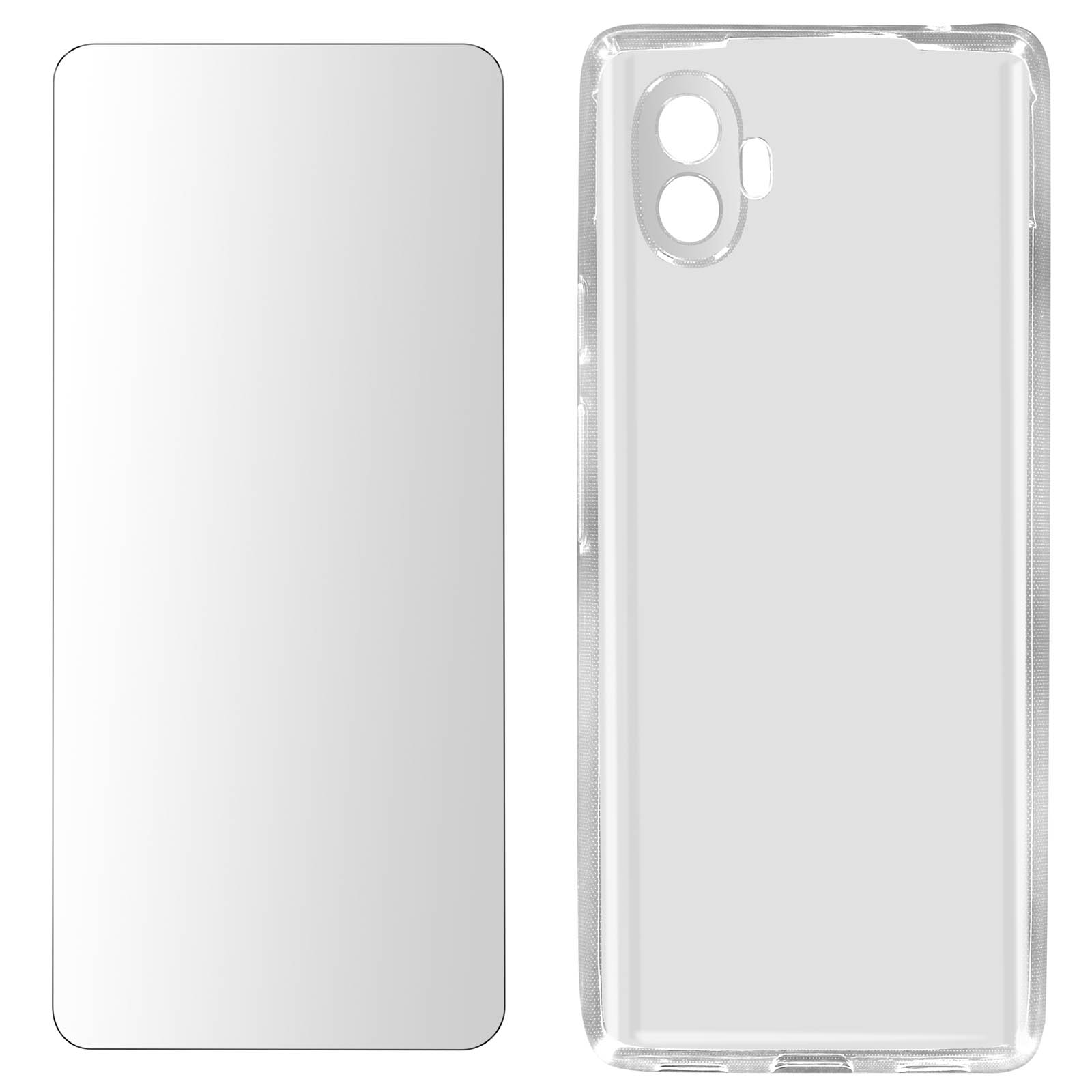 Twee transparante schermbeschermers voor telefoons. De beschermer rechts zit op een telefoonhoesje. Beide zijn transparant.