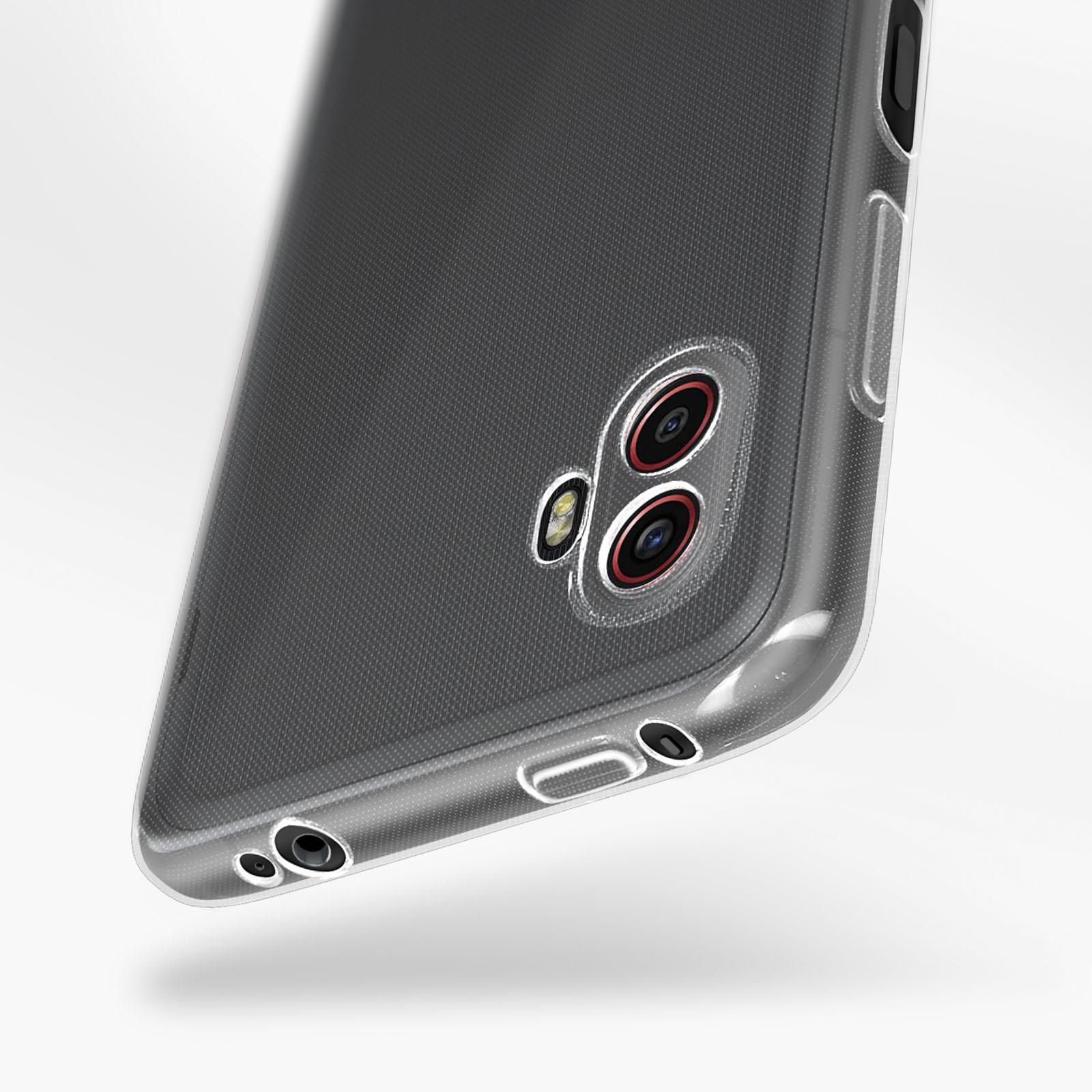 Transparante telefoonhoes met cameradetails. Grijze getextureerde achterkant. Schaduw.