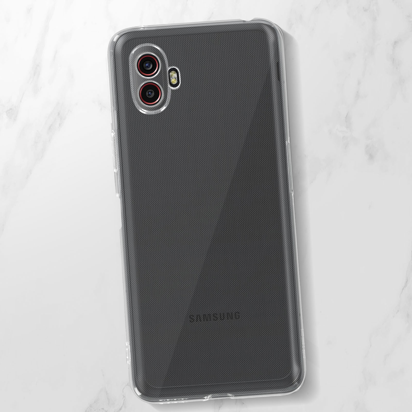 Een doorzichtige telefoonhoes met een textuur achterkant en dubbele cameralenzen.