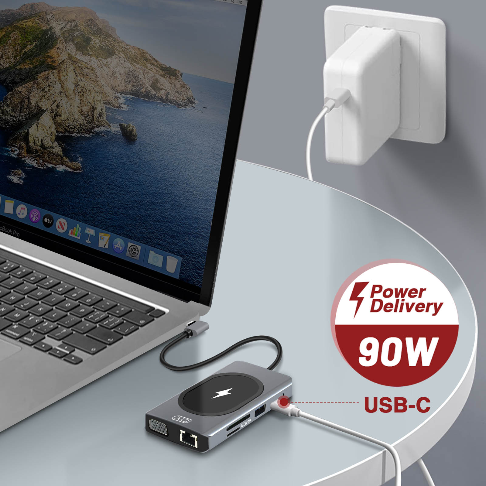 XO 90W USB-C Hub Universal, USB-Hub Grau