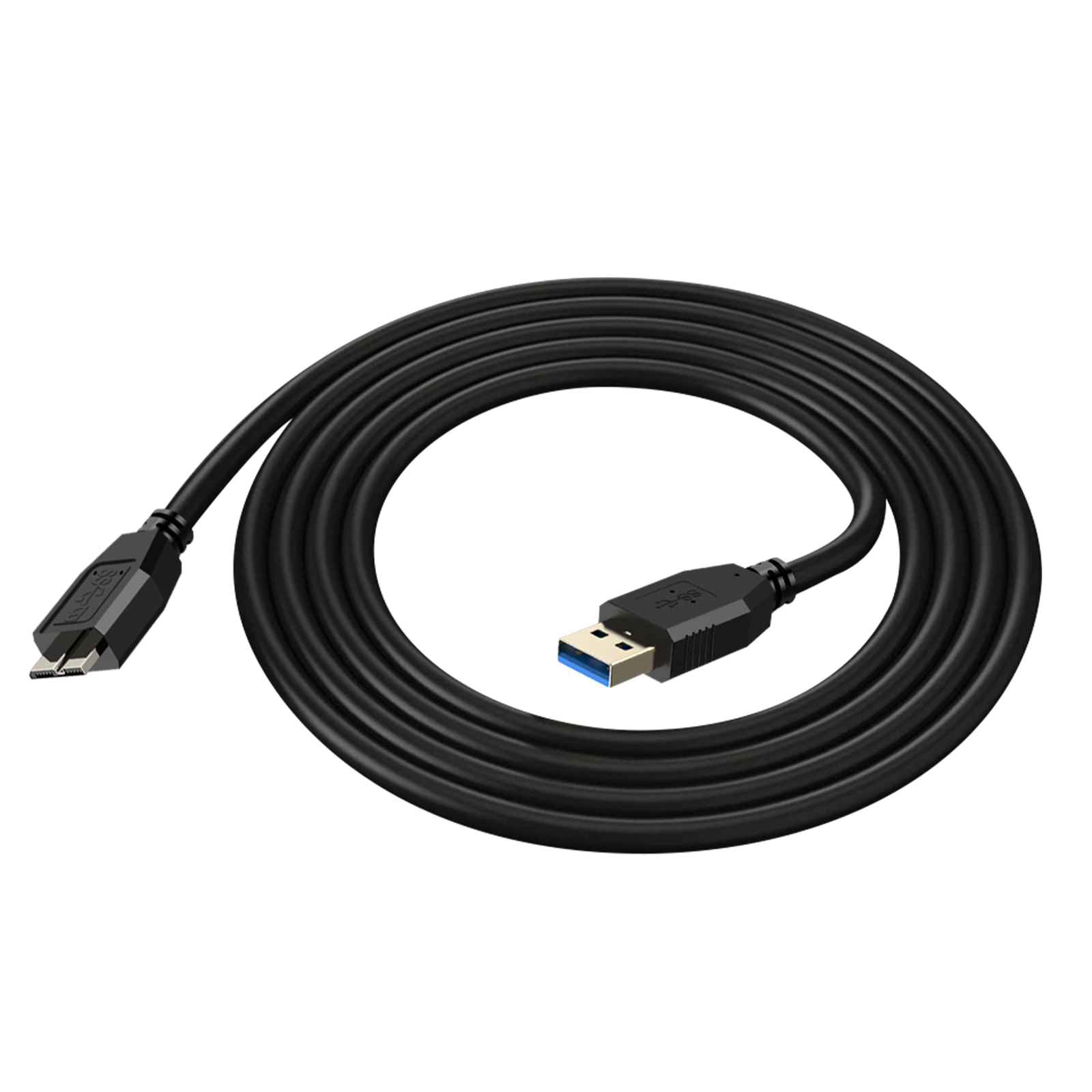 Un cavo USB nero con un connettore micro USB e un connettore USB. Il cavo è arrotolato.