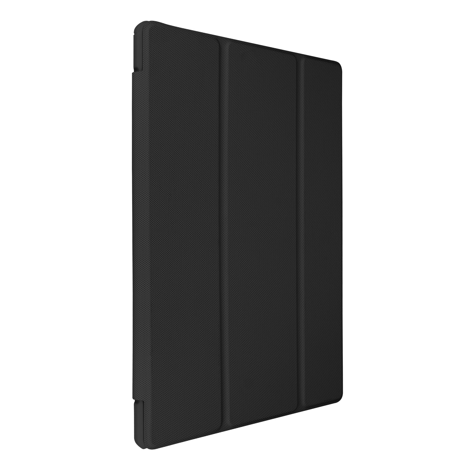 Custodia nera chiusa per tablet con superficie strutturata, leggermente angolata di lato.