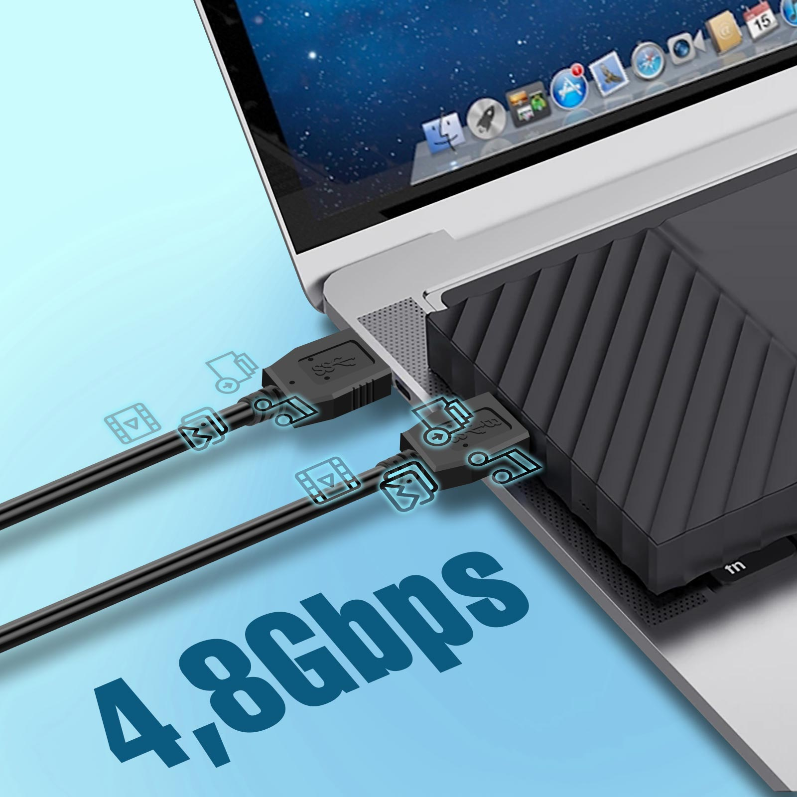 Laptop con cavi USB collegati. Testo: 4,8 Gbps. Disco rigido esterno nero.