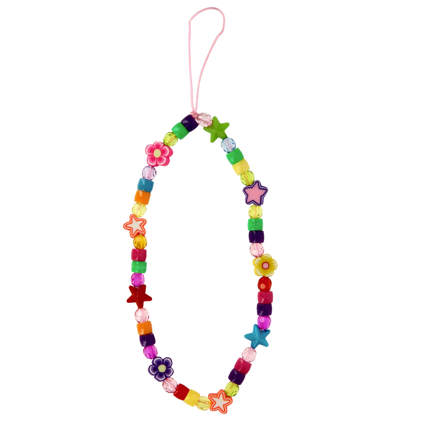 Braccialetto colorato di perline con ciondoli a forma di fiore e stella, su sfondo bianco.
