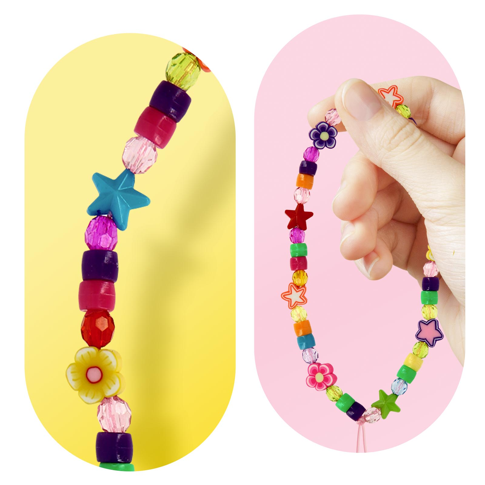 Braccialetti colorati con perline e ciondoli a forma di stella e fiore su sfondi gialli e rosa.