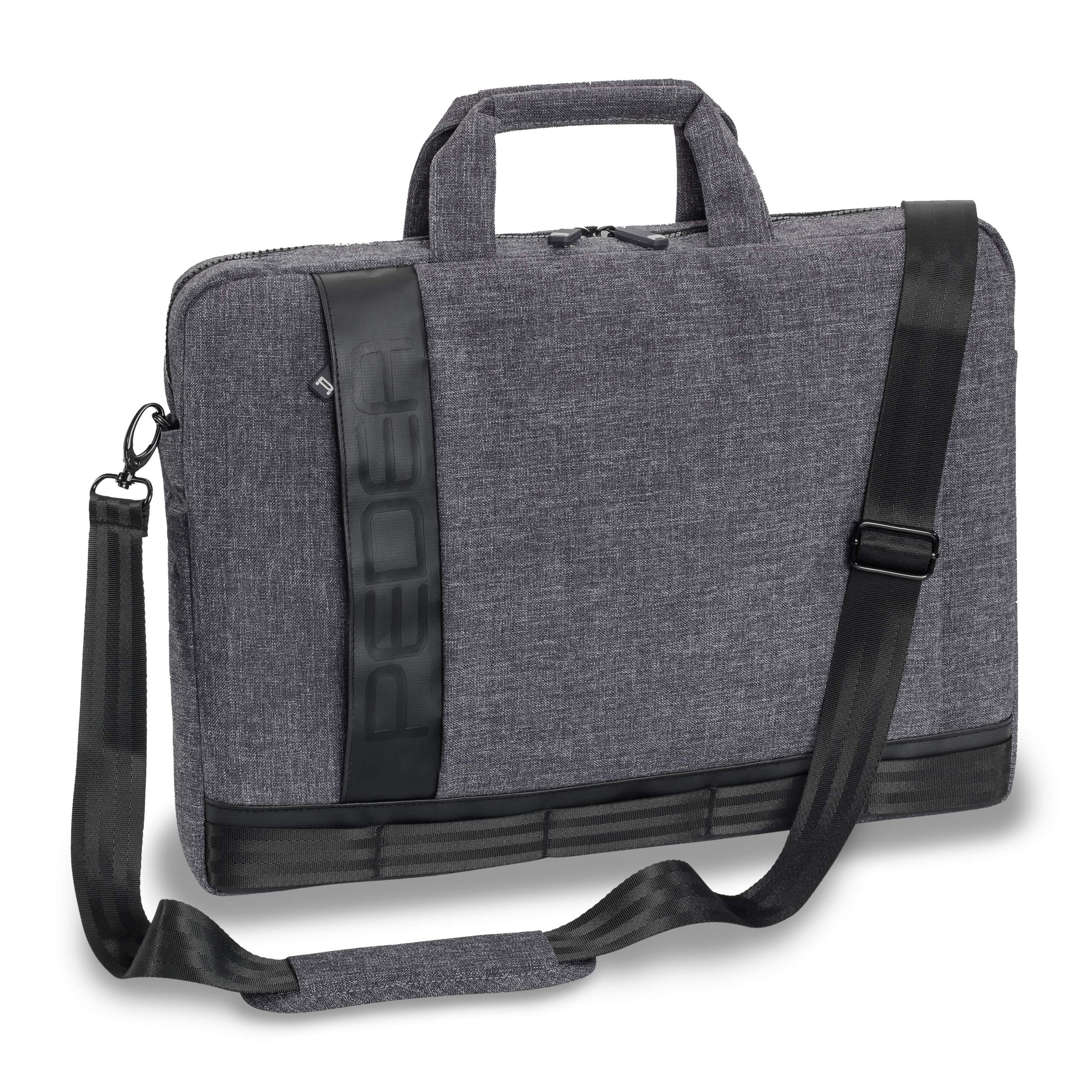 Borsa grigia per laptop con dettagli neri, manico, tracolla ed etichetta nera con testo bianco.