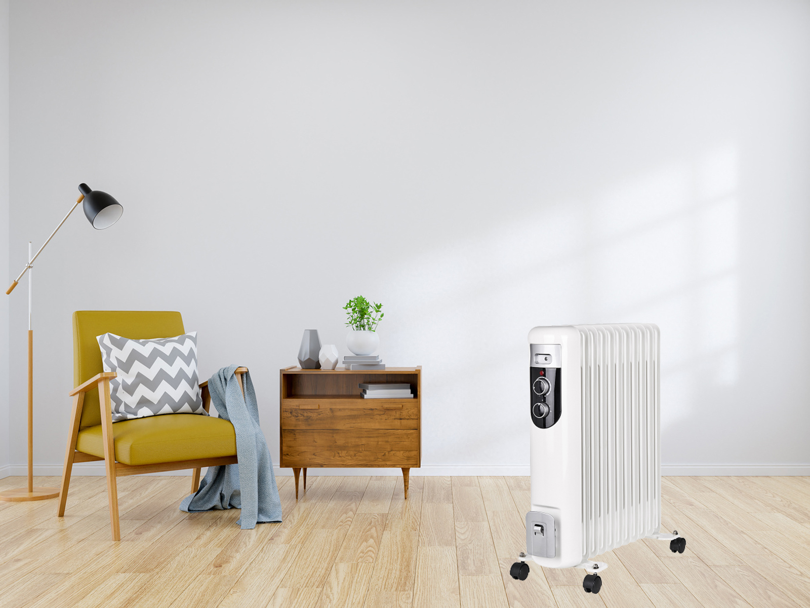 Weißer Ölradiator, gelber Stuhl, Holzschrank und Stehlampe.