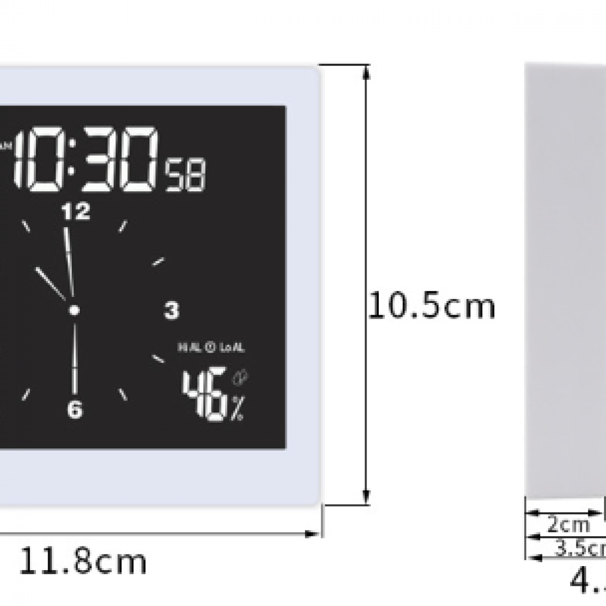 Biały zegar cyfrowy pokazuje godzinę i wilgotność. Wymiary są wymienione wokół niego.