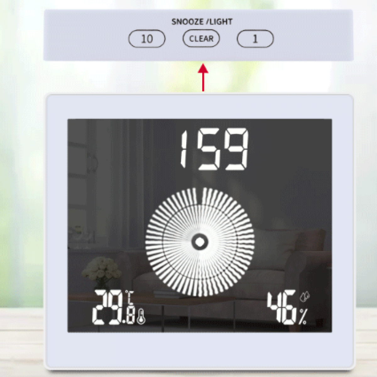 Biały cyfrowy budzik, wyświetla czas i temperaturę, przyciski na górze.