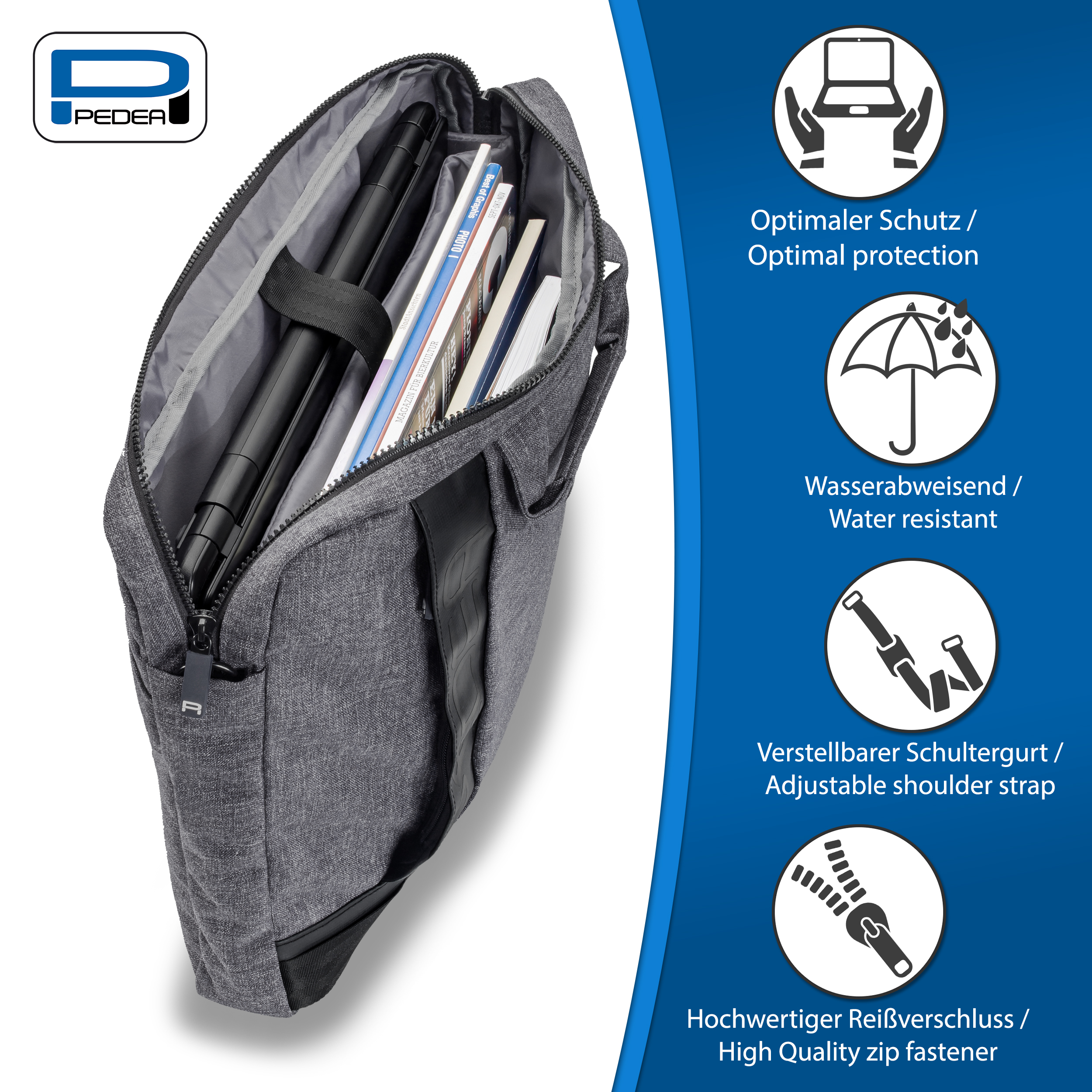 Una borsa grigia per laptop con cerniera. Ha icone per caratteristiche come la resistenza all'acqua.