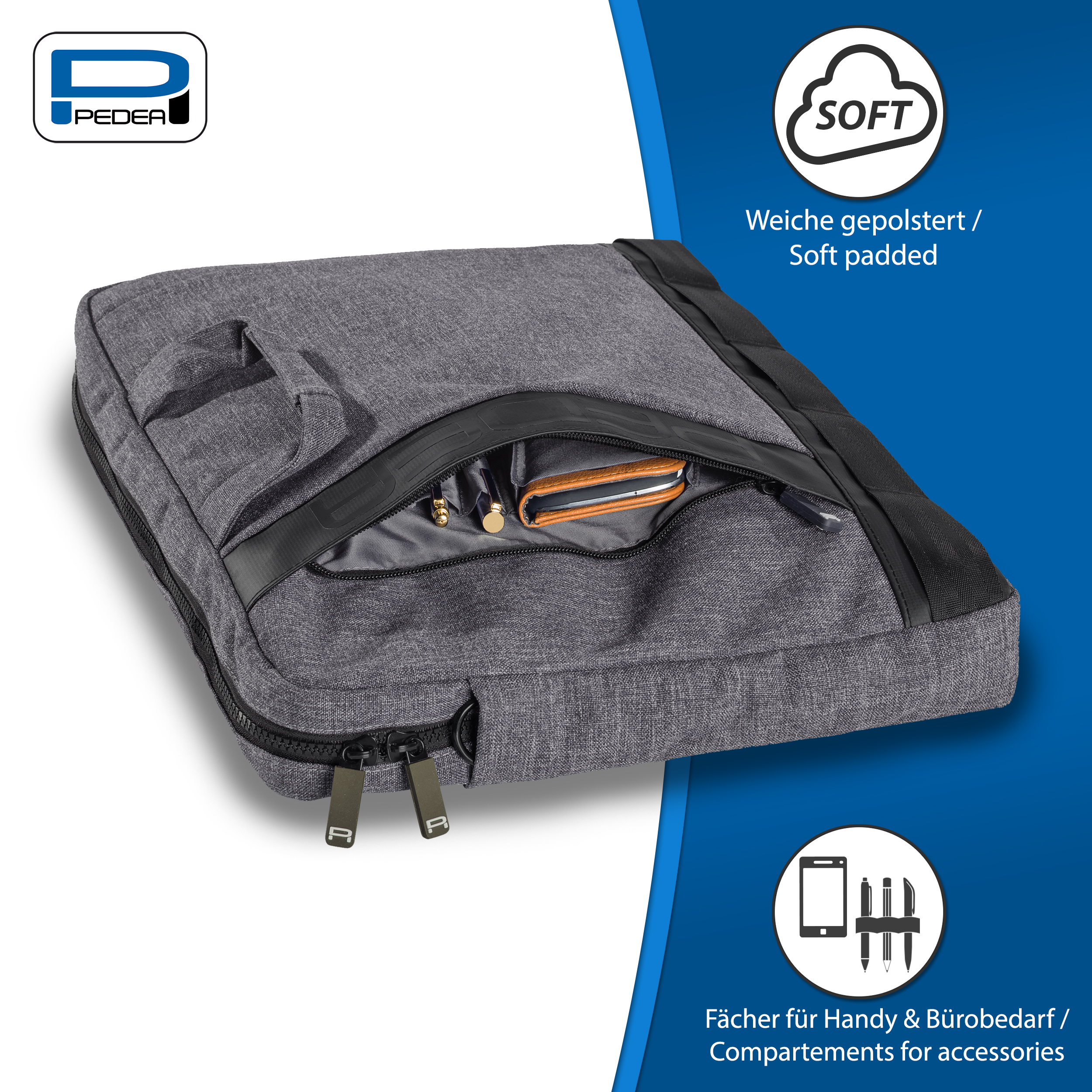Borsa grigia per laptop con tasche. Testo: imbottito morbido, scomparti per accessori. Sfondo blu.