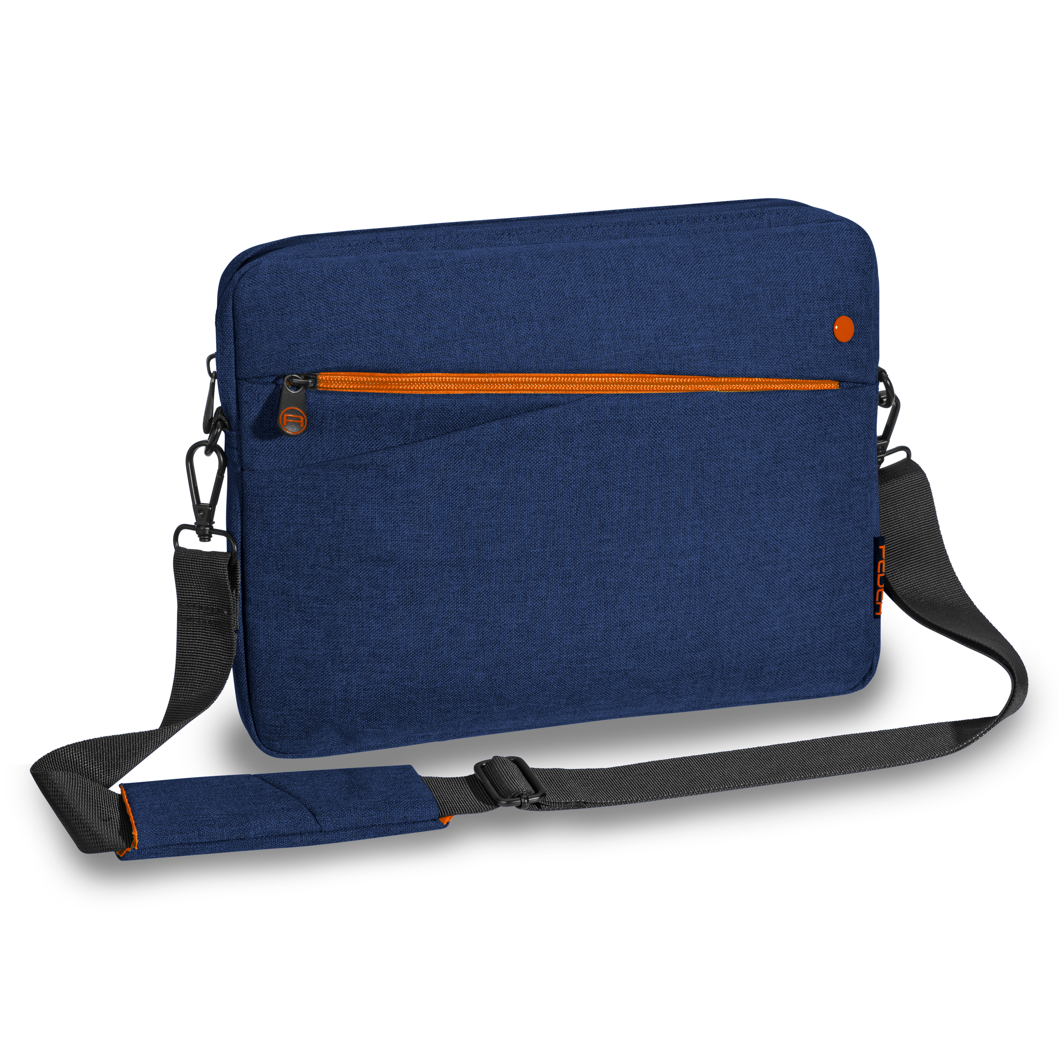 Blaue Laptoptasche mit orangefarbenem Reißverschluss und Trageriemen. Schwarzer Gurt und Griff.