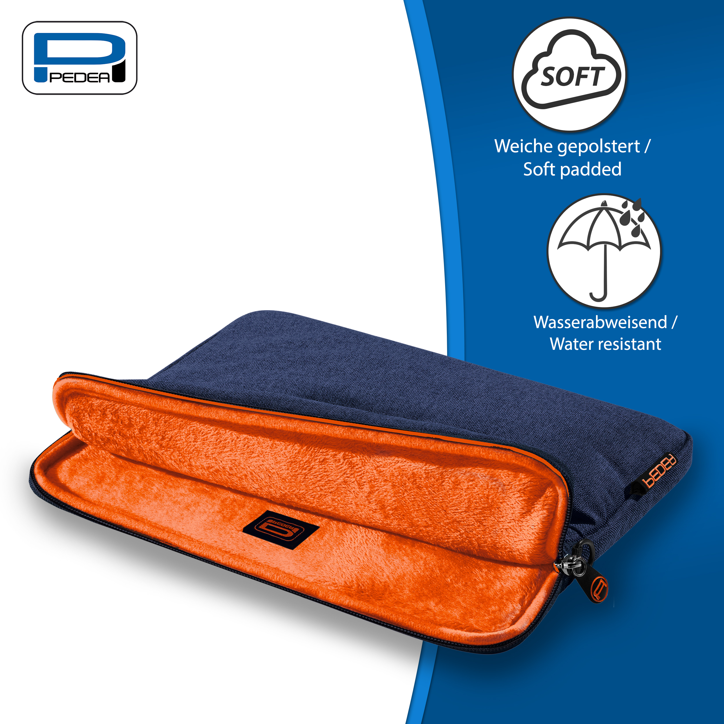 Blaue und orangefarbene Laptoptasche mit Text. Es steht weich und wasserabweisend.