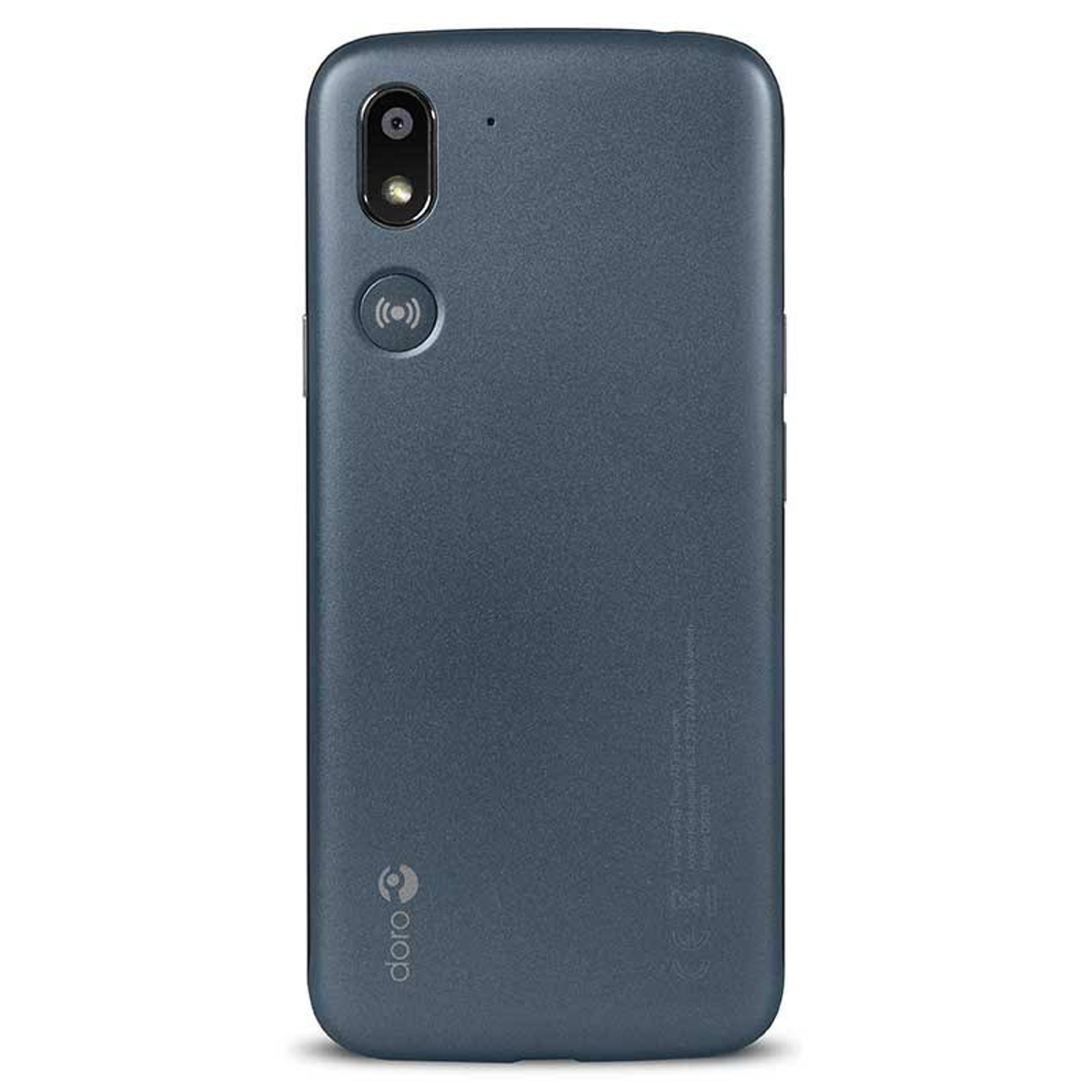 Ciemnoniebieski telefon z aparatem i logo na plecach.