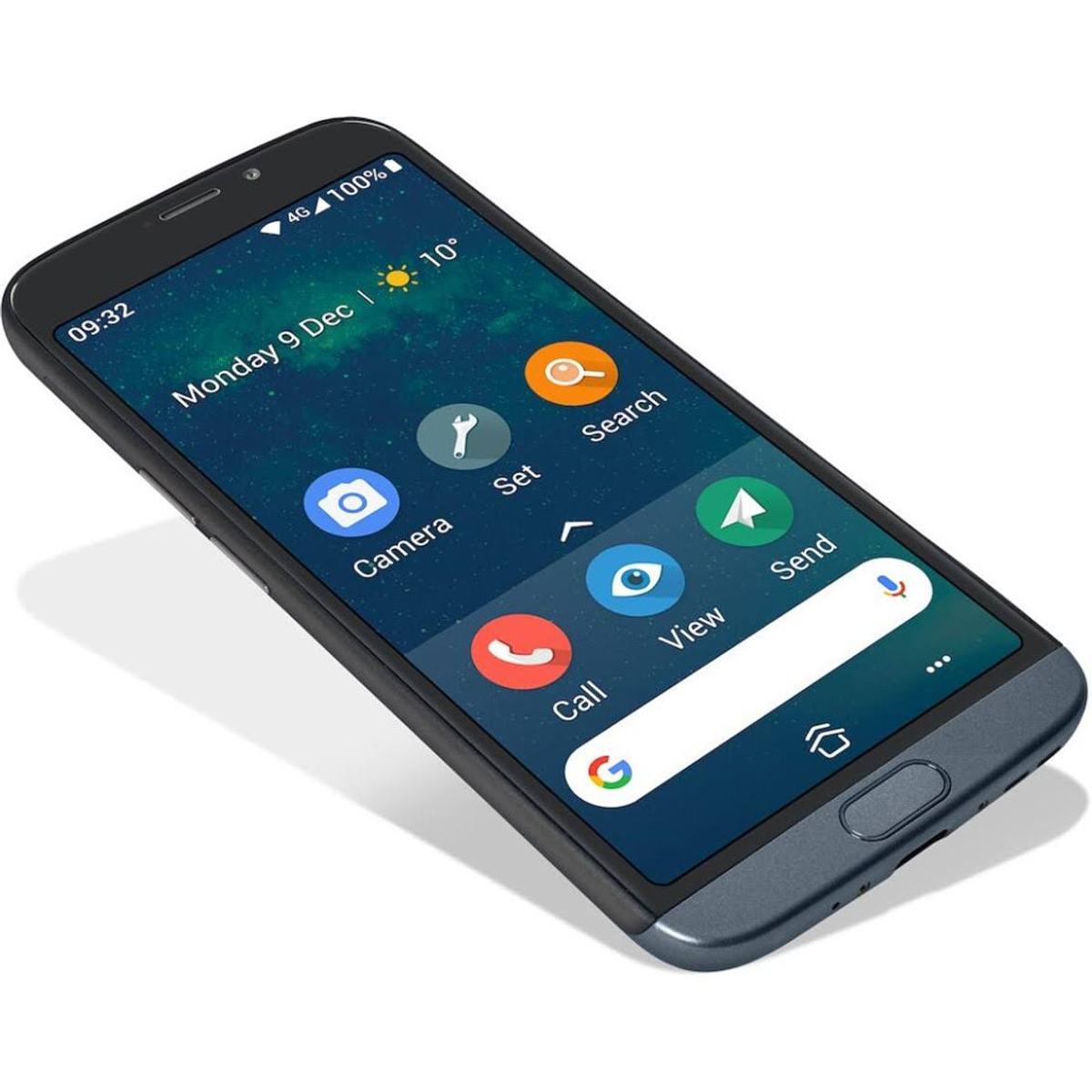 Smartfon z czarną ramką i niebieskim tyłem. Wyświetla ikony aplikacji na ekranie.