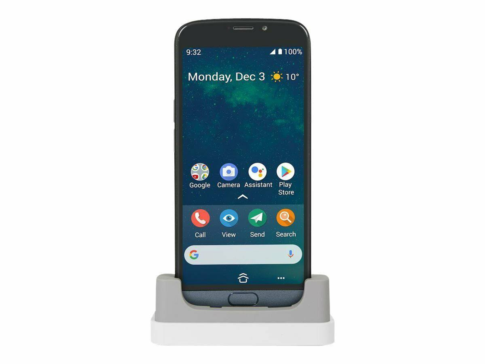 Smartfon w stacji ładującej wyświetla ekran główny z ikonami i datą/godziną na białym tle.