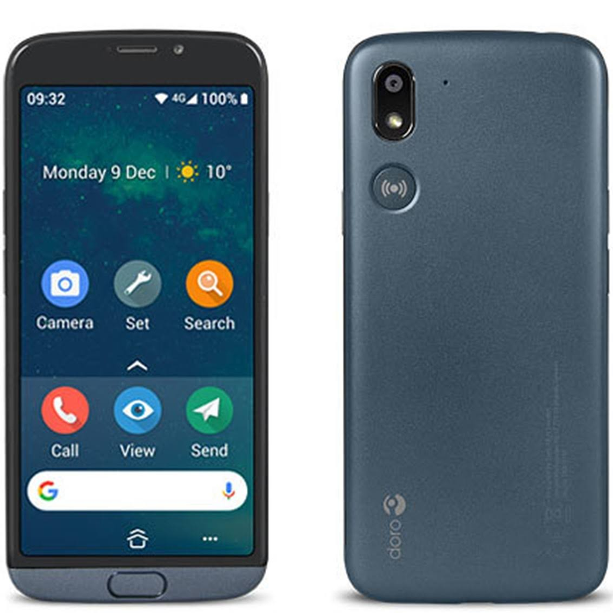 Dwustronny niebieski telefon komórkowy Doro z ekranem i przyciskami.