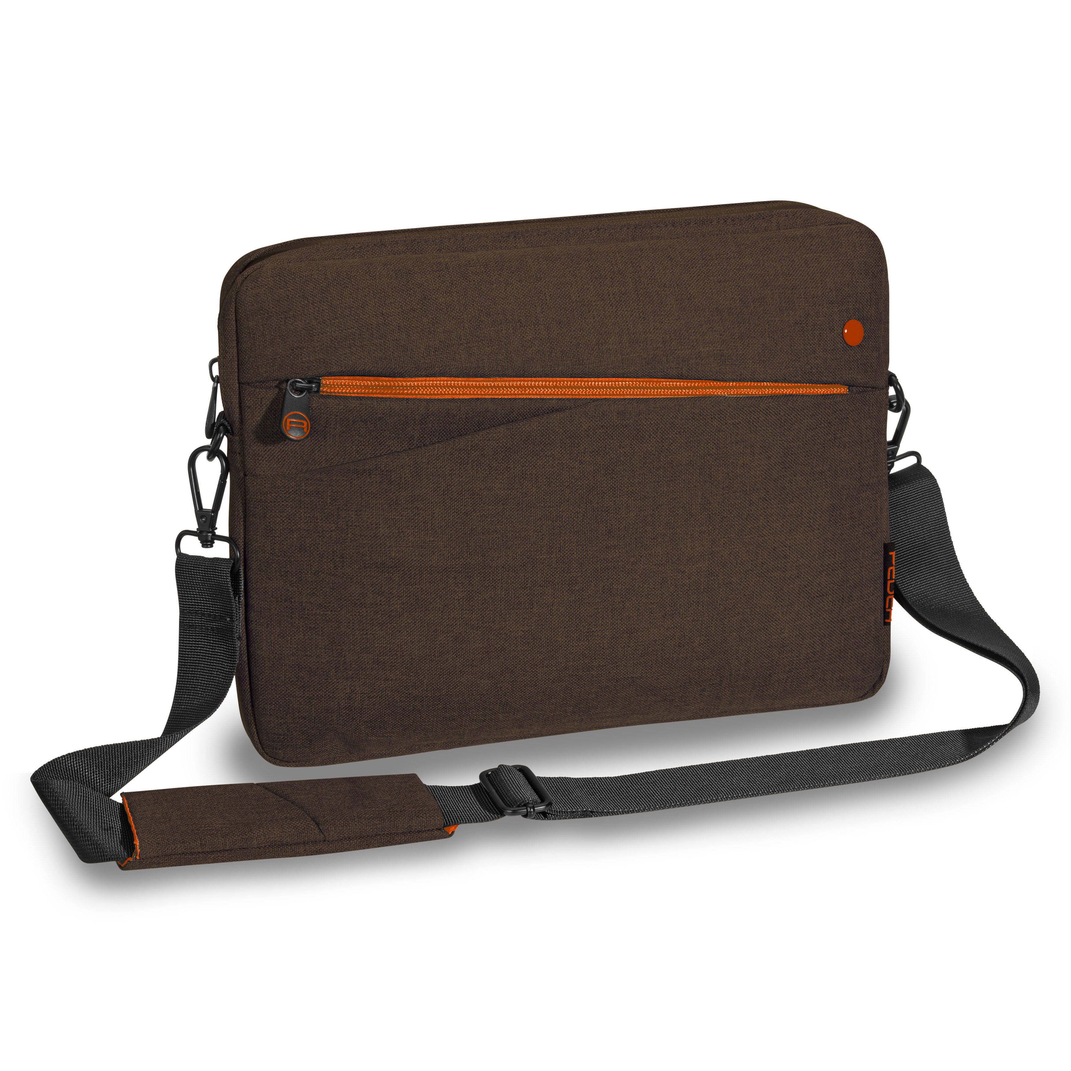 Braune Laptoptasche mit orangefarbenem Reißverschluss und Gurt, auf Weiß.