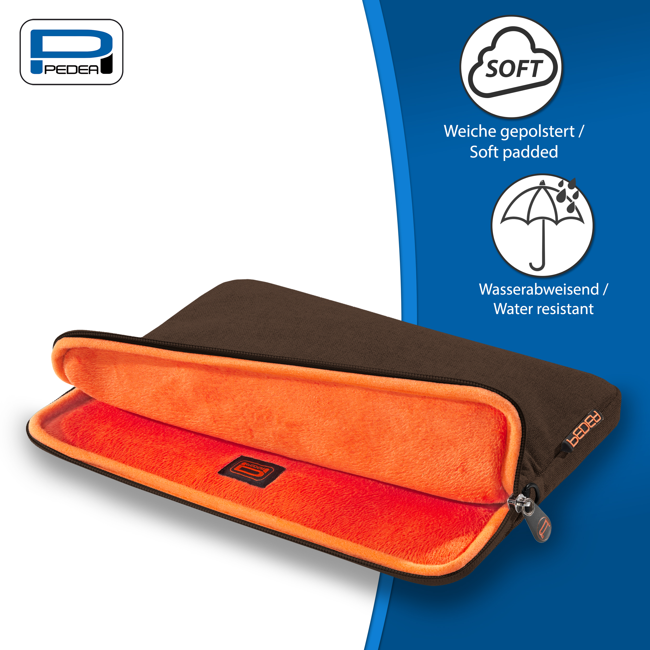 Eine braune und orangefarbene Laptoptasche, mit weichen, wasserabweisenden Etiketten und einem Reißverschluss.