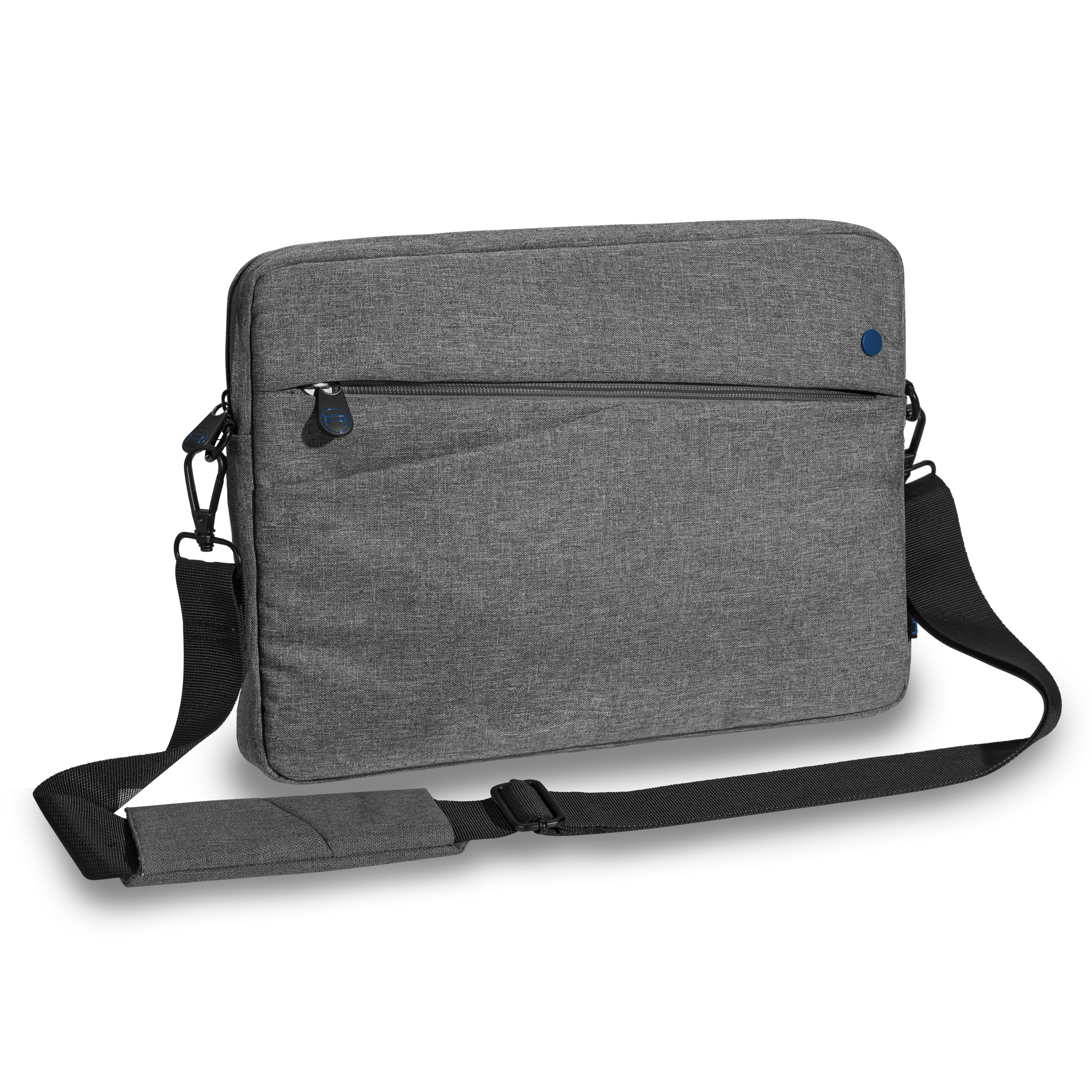 Graue Laptoptasche mit Griff und Schulterriemen. Hat einen Reißverschluss und ein blaues Etikett.