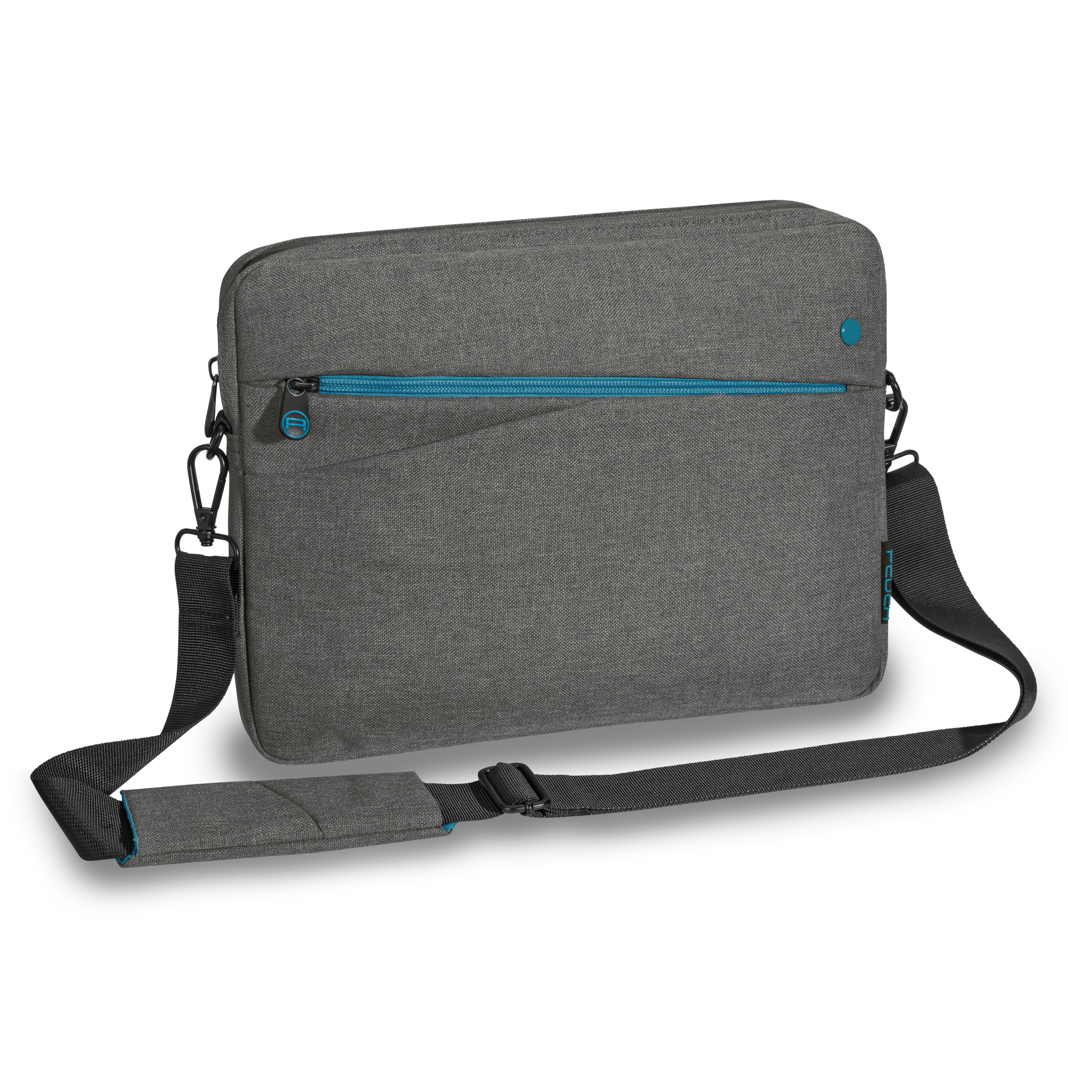 Eine graue Laptoptasche mit Schultergurt. Sie hat einen blauen Reißverschluss und Akzente.