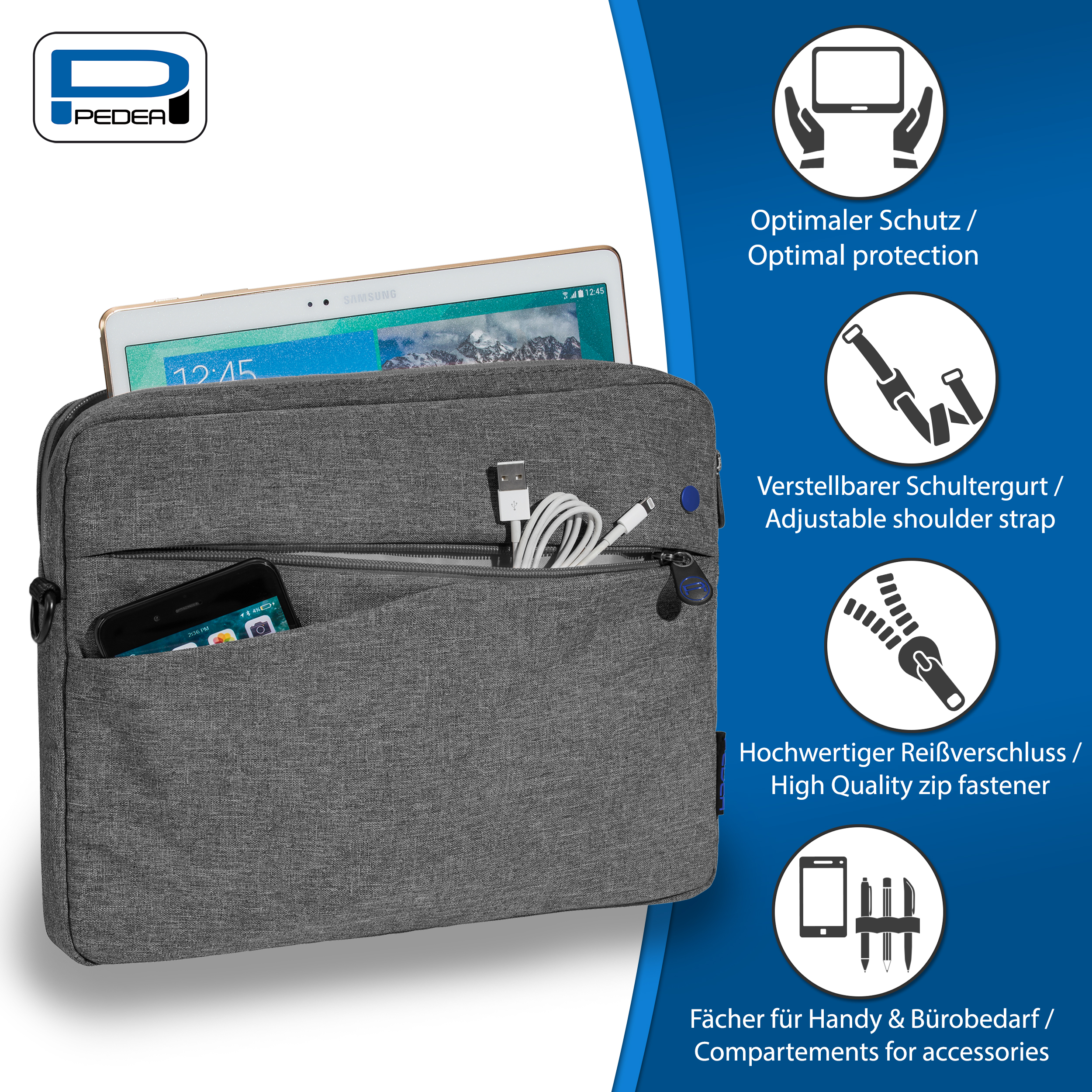 Eine graue Laptoptasche mit Tablet, Telefon und Kabeln. Merkmale sind Taschen und ein Reißverschluss.