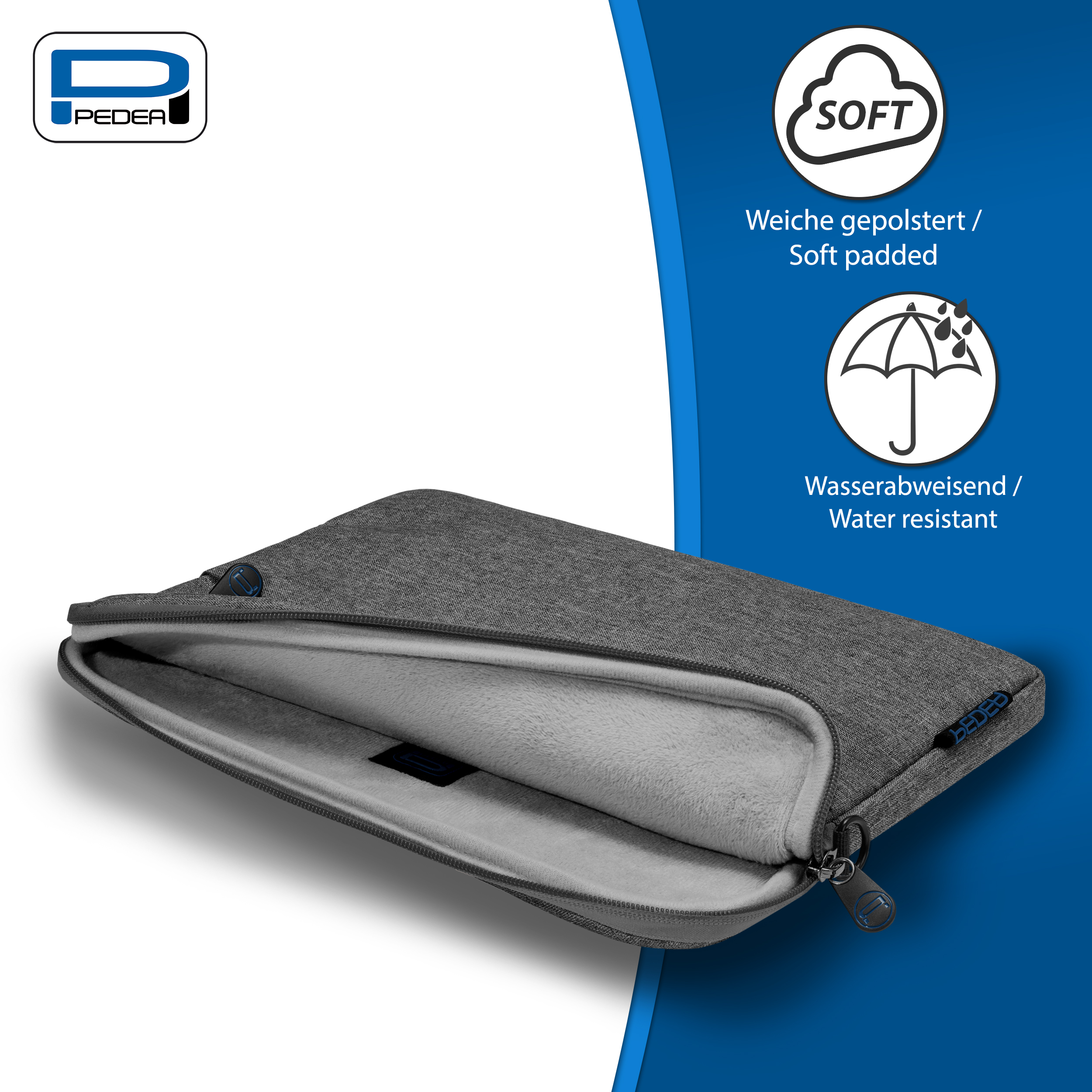 Graue Laptoptasche mit Reißverschluss, weich gepolstertem Innenraum und wasserabweisenden Eigenschaften.