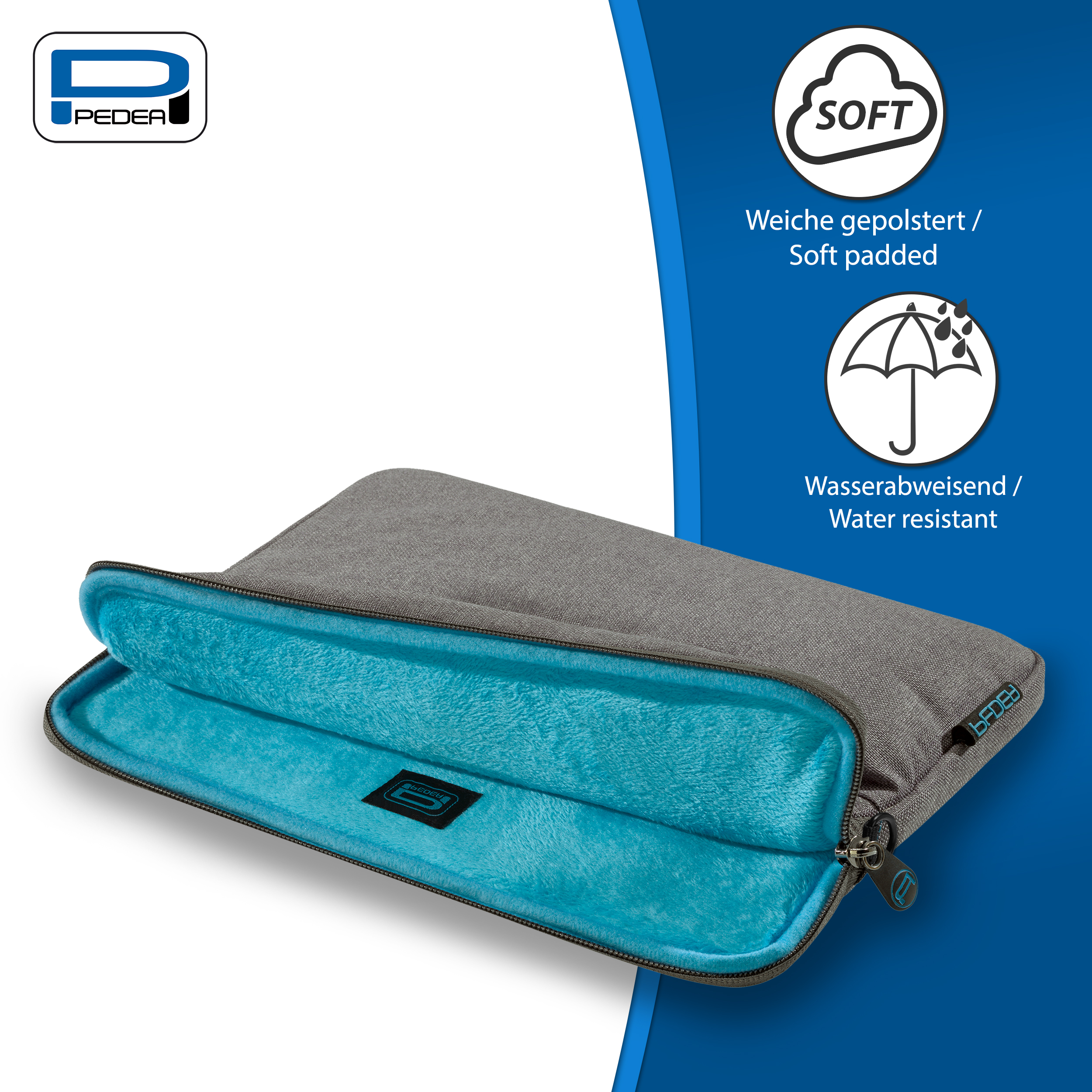 Graue Laptoptasche, blaues Innere, wasserabweisend.