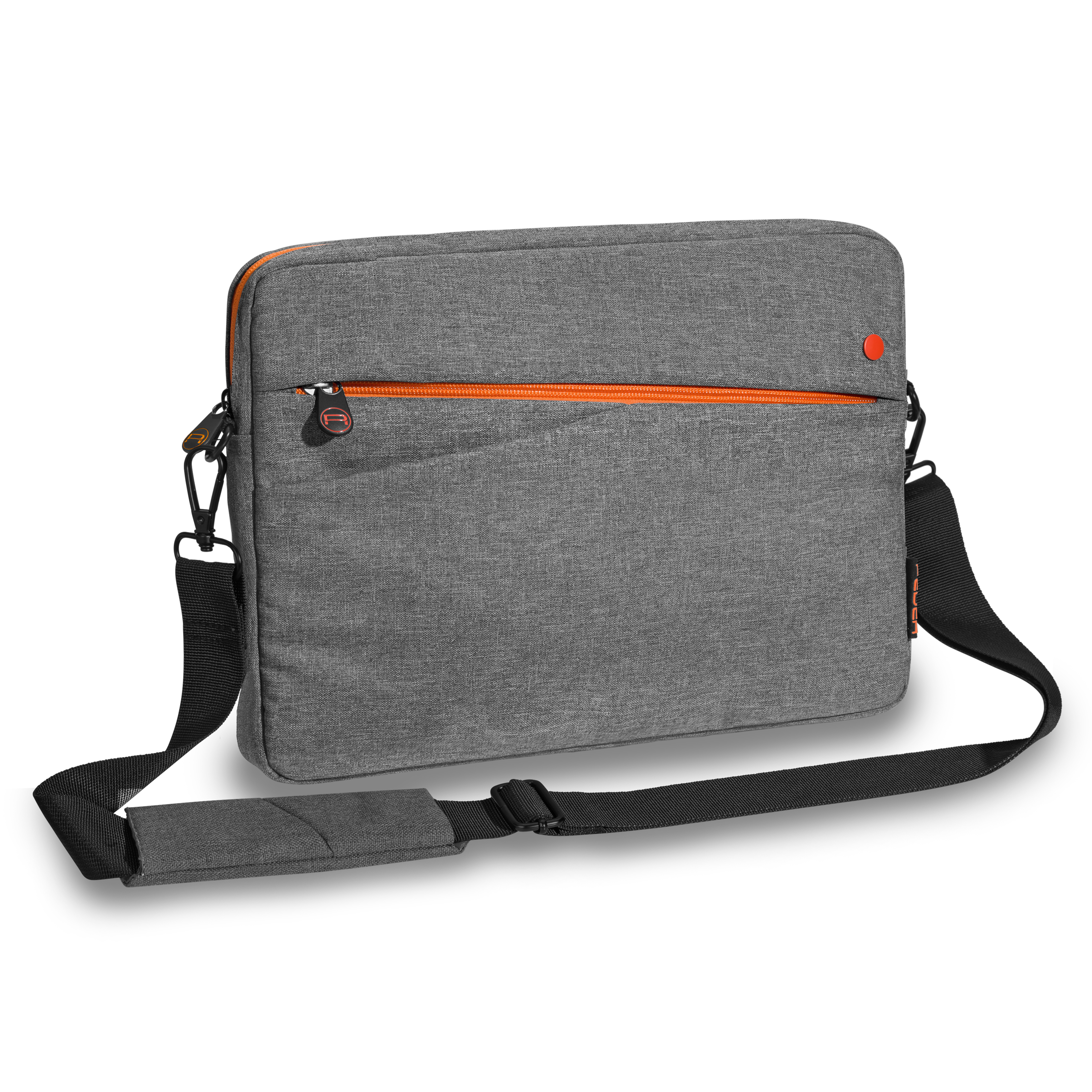 Graue Laptoptasche mit orangefarbenem Reißverschluss. Sie hat einen Schultergurt und einen Griff.