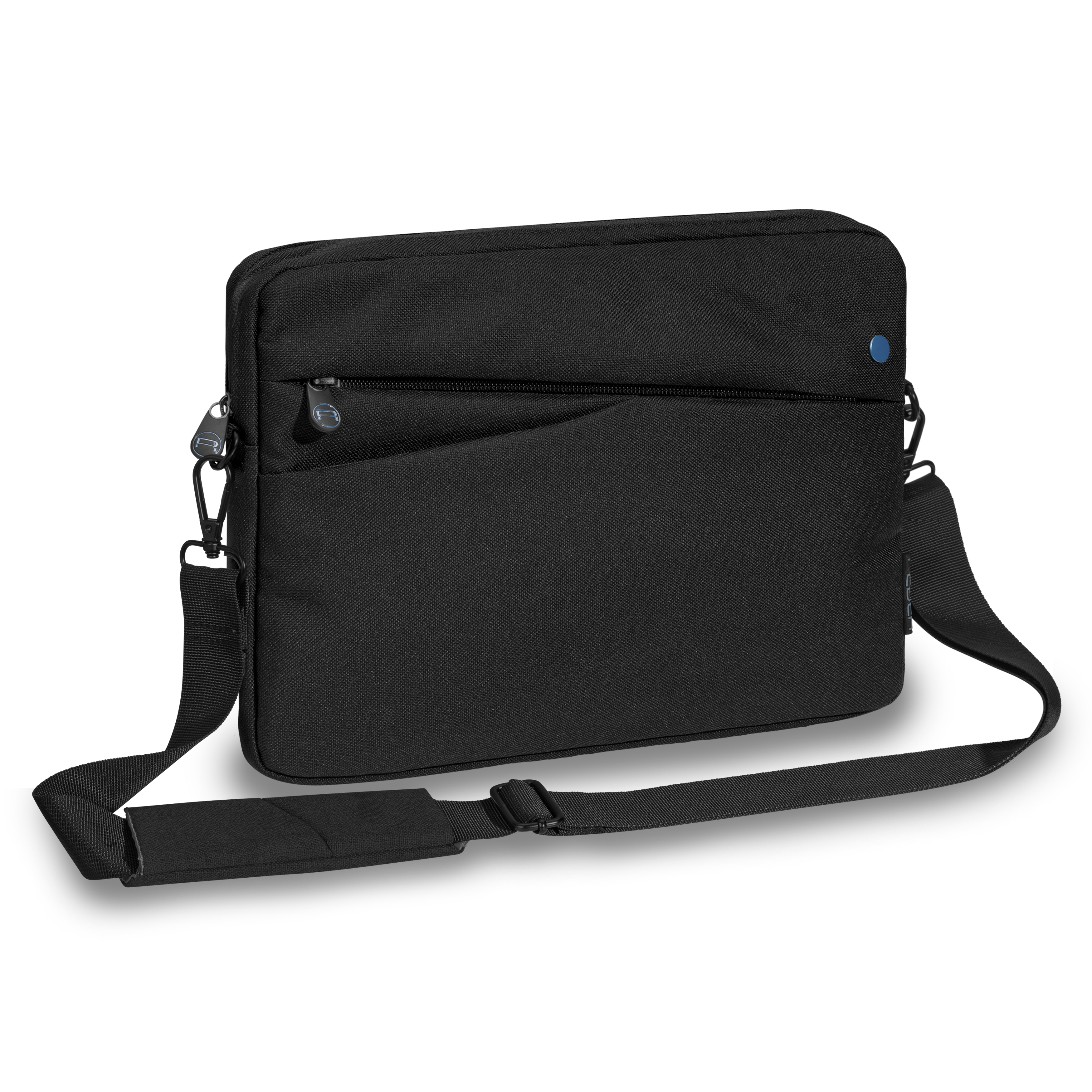 Schwarze Laptoptasche mit Schultergurt. Reißverschluss und blauer Knopf.