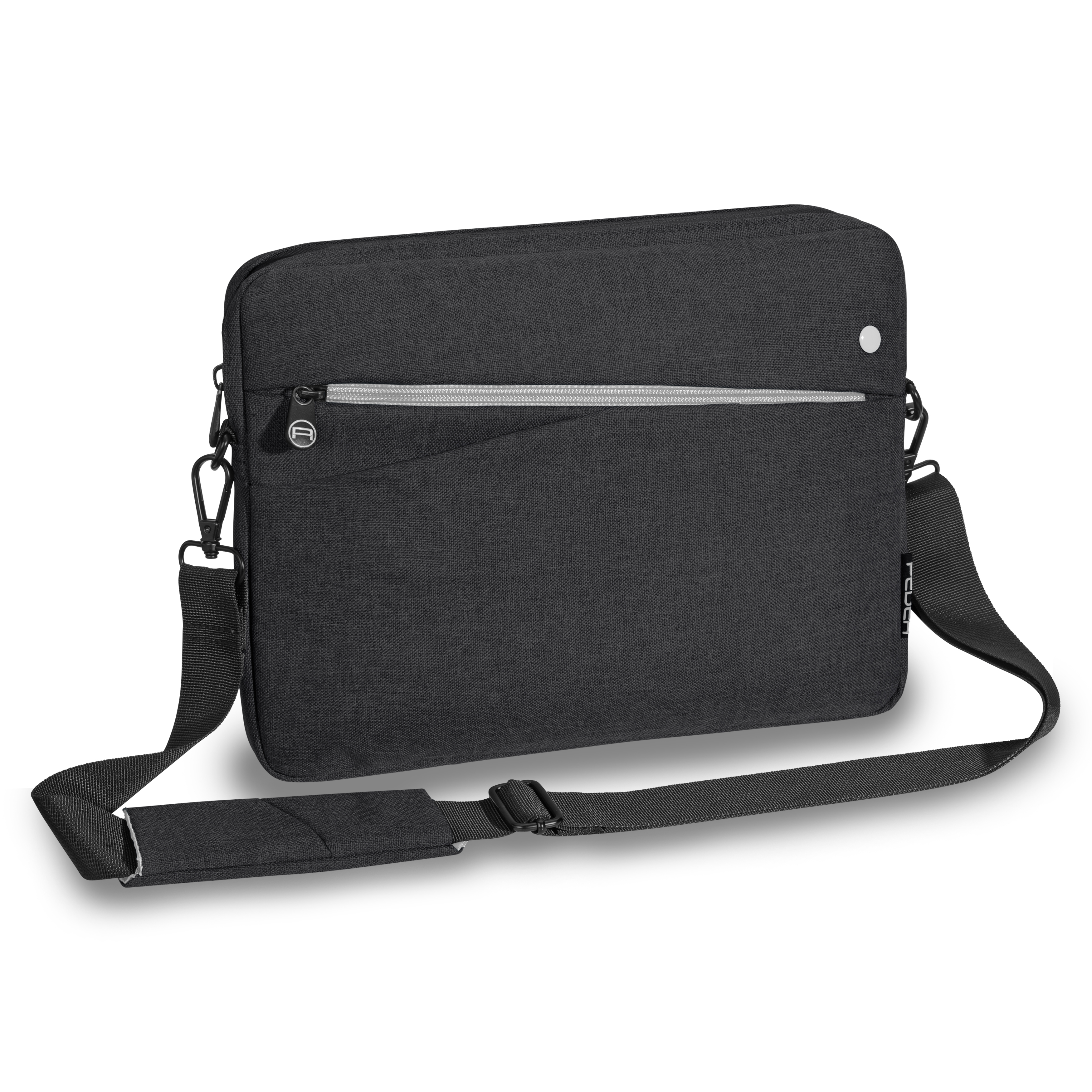 Schwarze Laptoptasche mit Schulterriemen und Reißverschluss. Weißer Hintergrund.