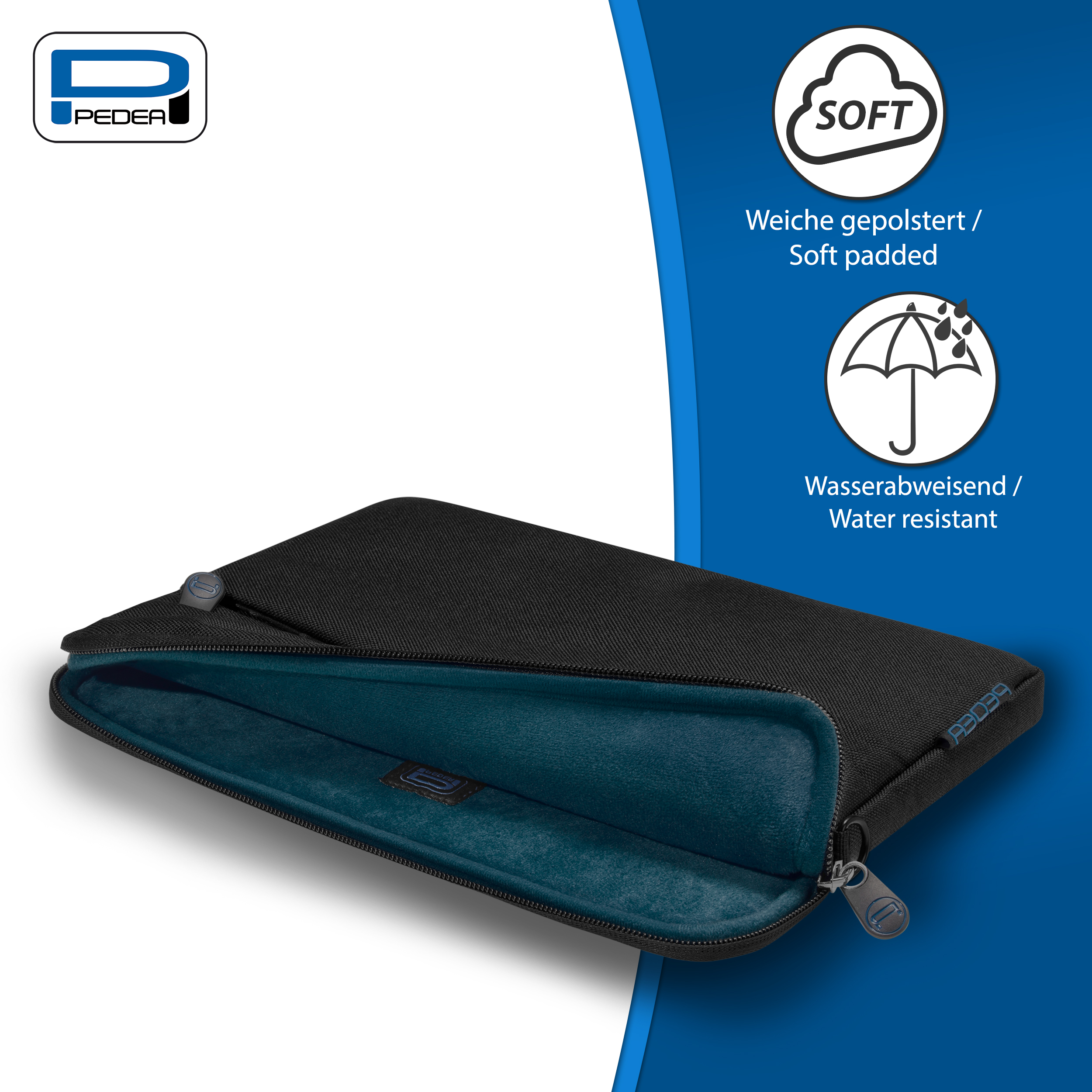 Schwarze Laptoptasche mit blauem Innenraum, Reißverschluss und Logo. Mit 'weich' und 'wasserabweisend' Symbolen.