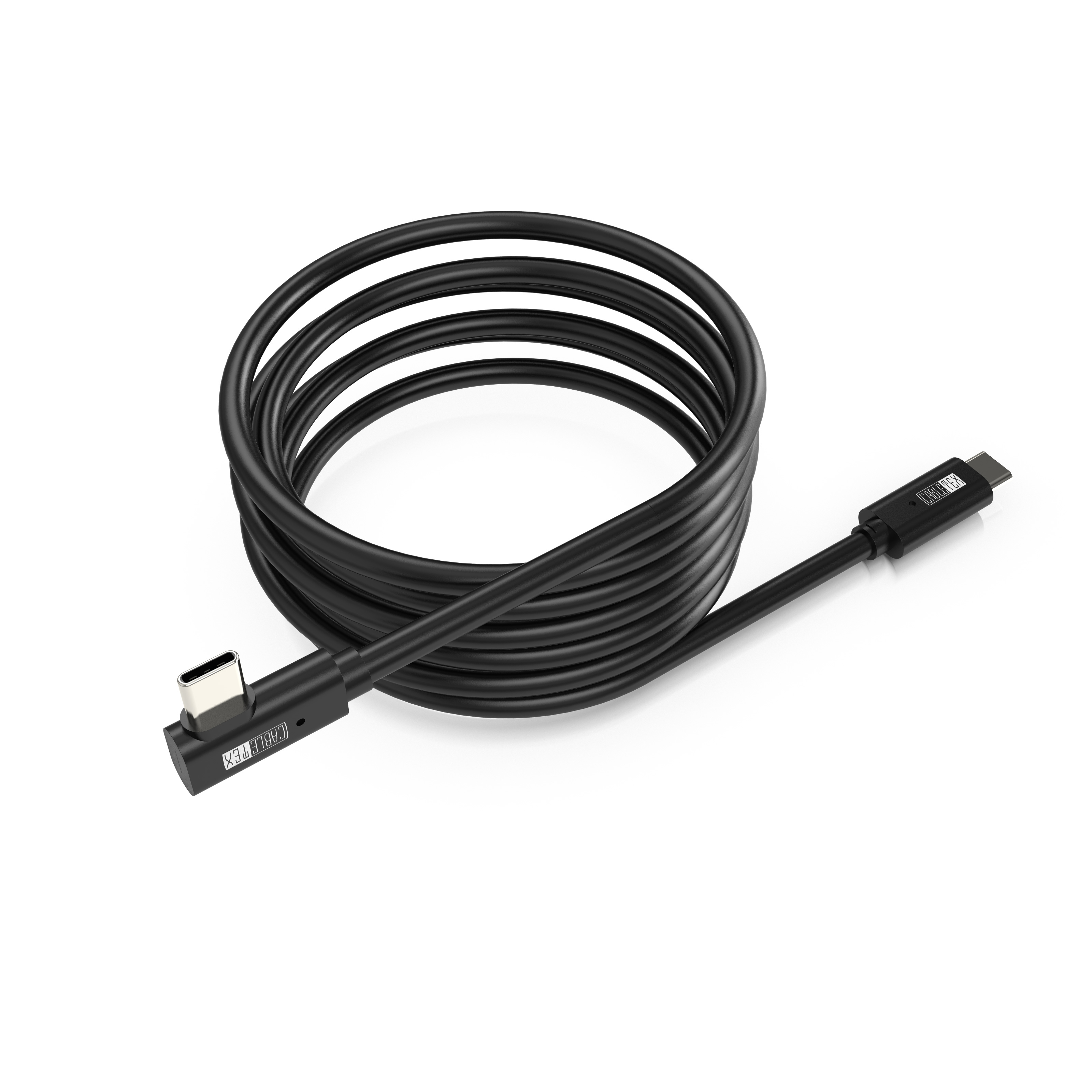 Ein schwarzes USB-C-Kabel mit einem rechtwinkligen Stecker. Das Kabel ist aufgerollt.