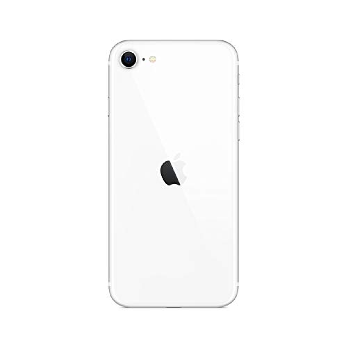 Parte trasera del iPhone SE (2022) blanco, con logo Apple negro y una sola cámara.